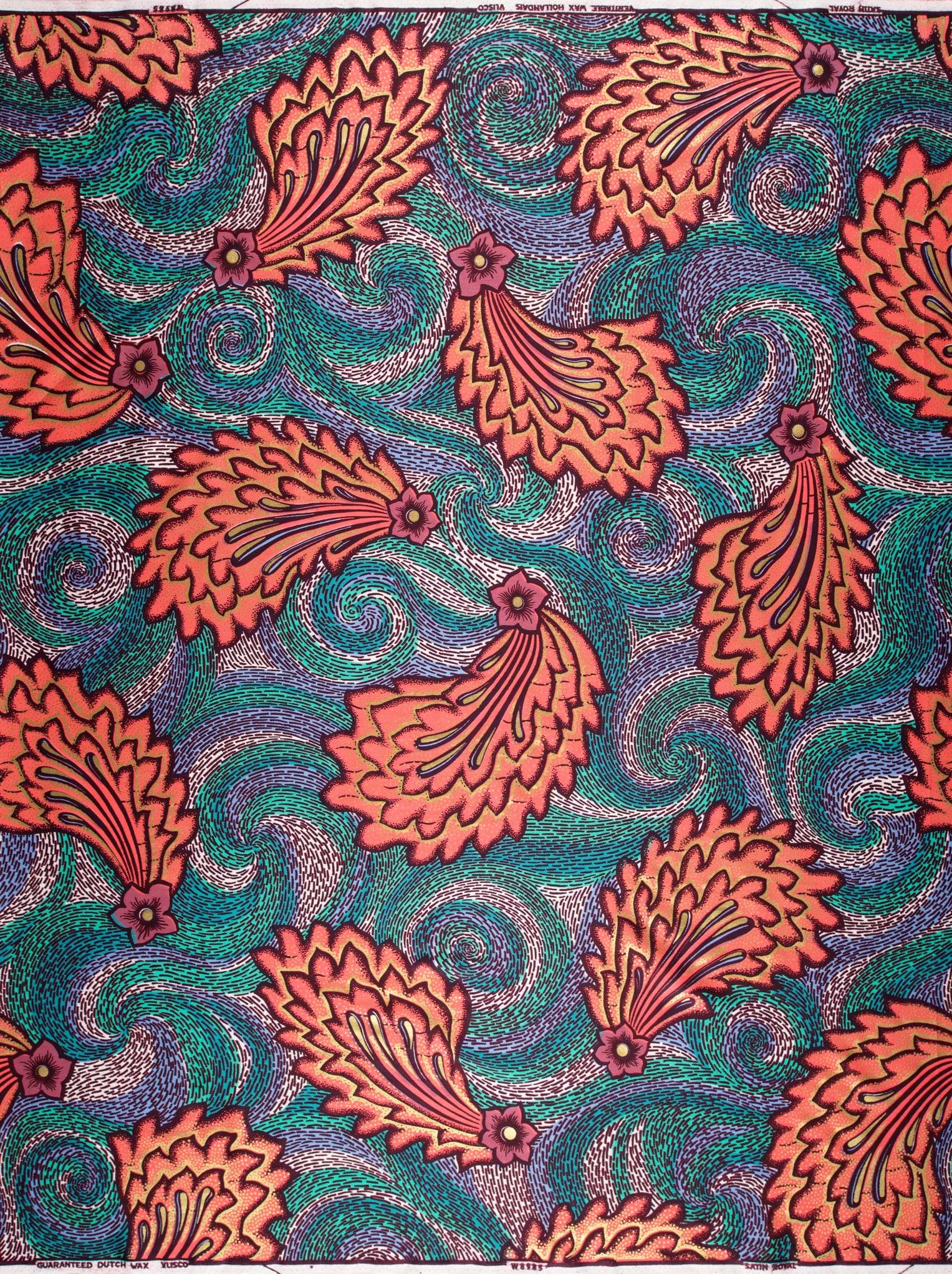 Vibrant coral-orange feather-like motifs purple satin royal vlw8985.005