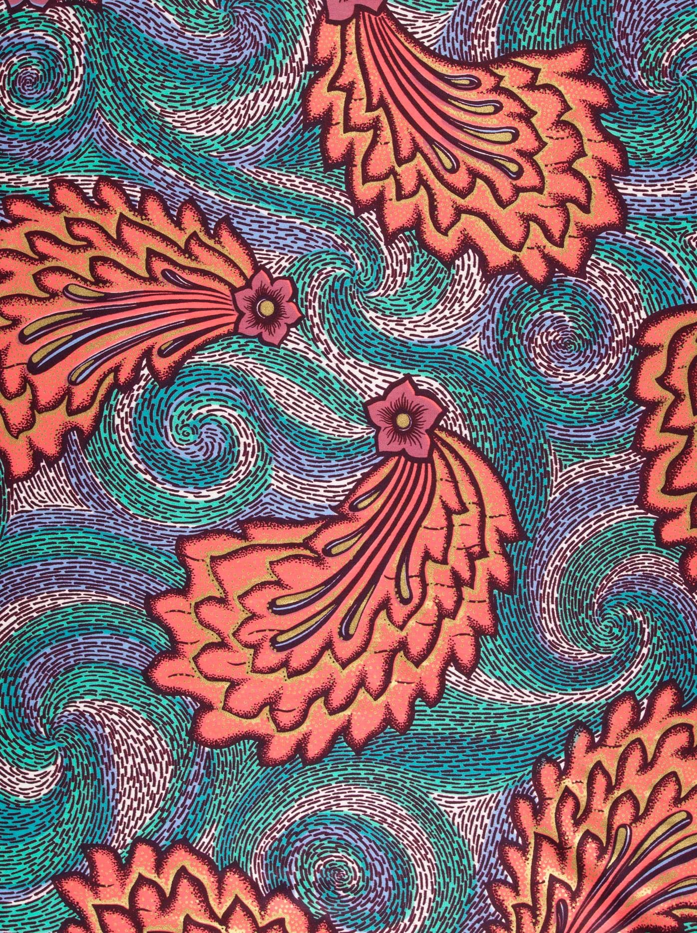 Vibrant coral-orange fan-shaped motifs pink satin royal vlw8985.005