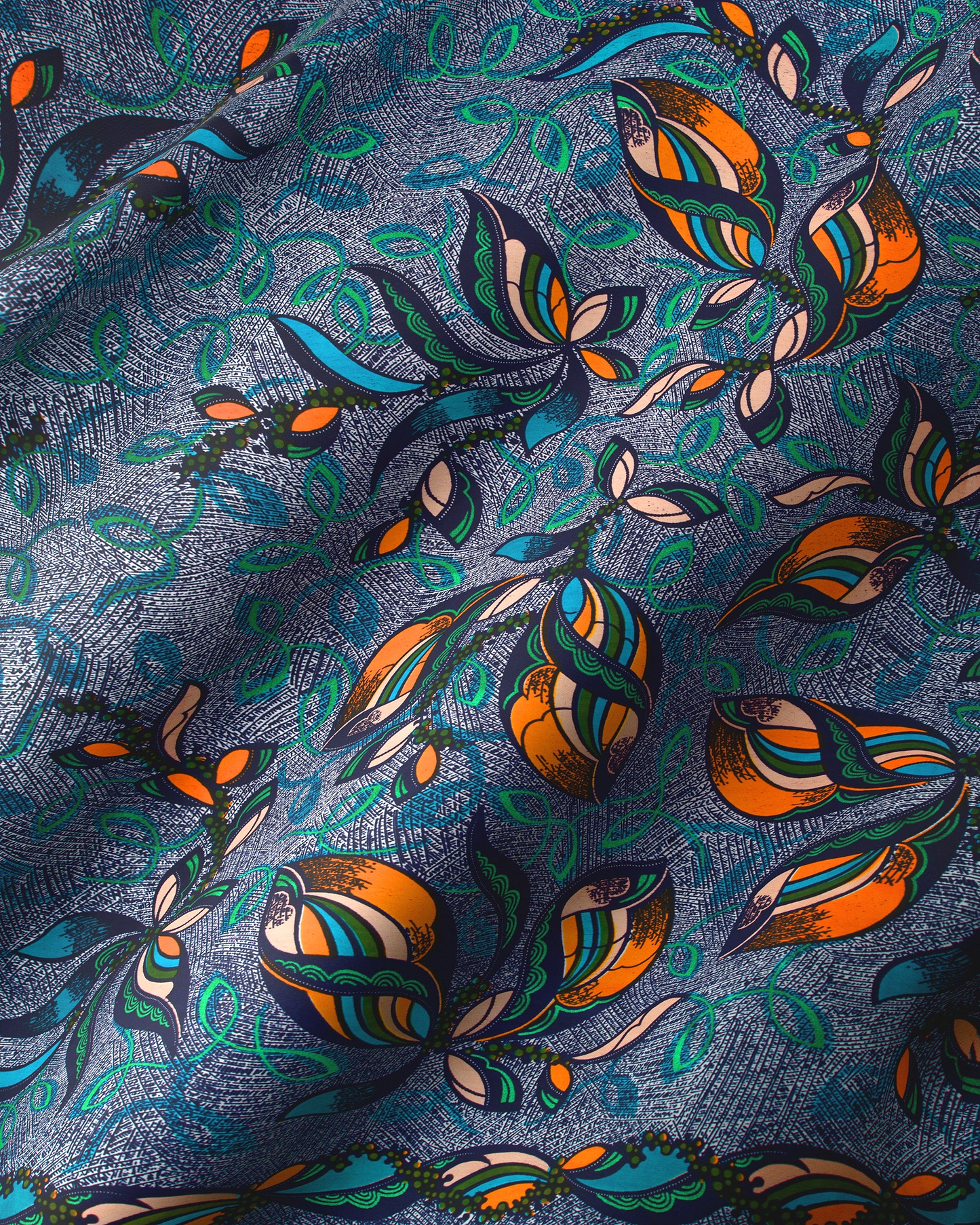 Vibrant orange teal butterfly-patterned fabric satin royal vlw9067.004