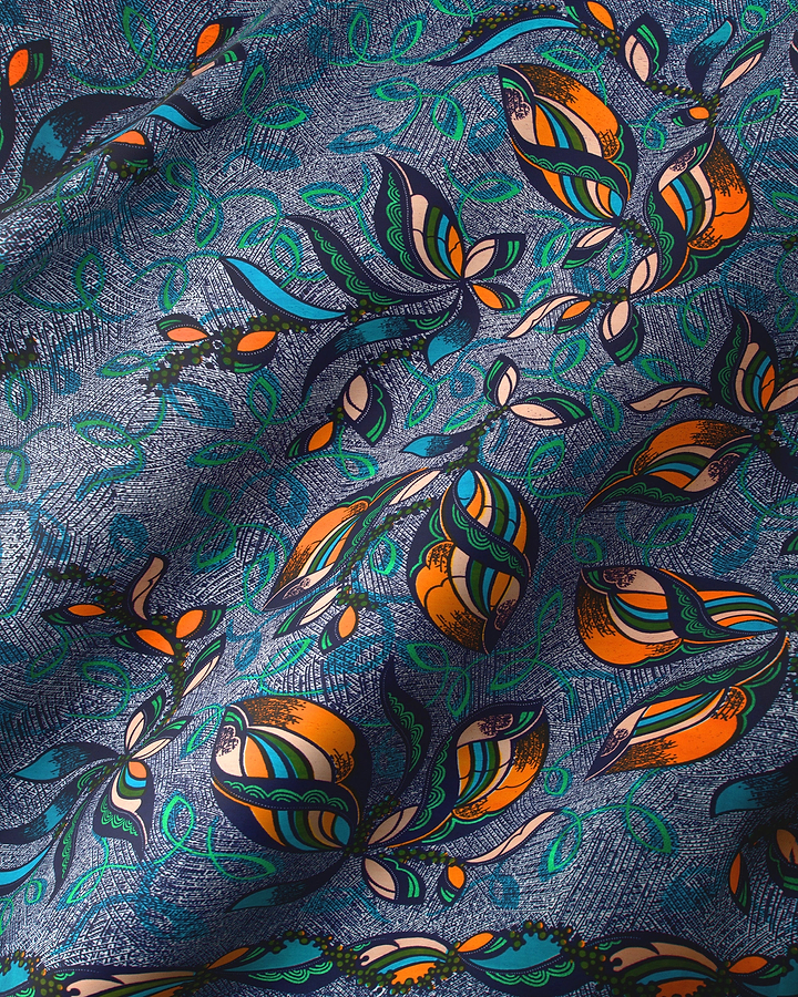 Vibrant orange teal butterfly-patterned fabric satin royal vlw9067.004