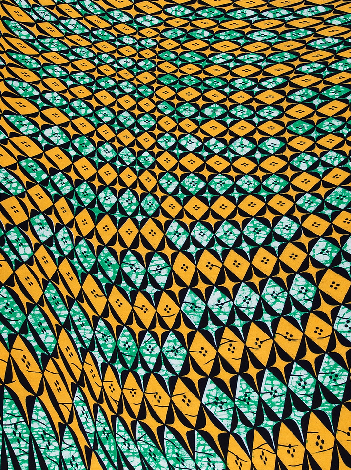 Vibrant yellow teal geometric-patterned fabric wax hollandais vlw9503.006