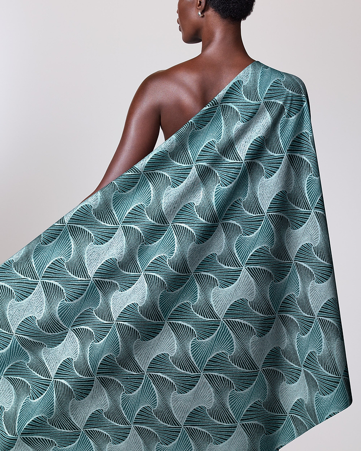Teal silver geometric-patterned fabric draped radiance vlr9969.004
