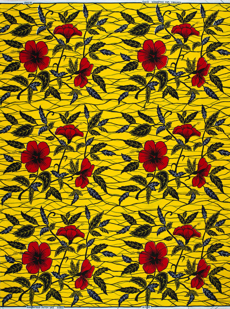 Yellow fabric red flowers black wax hollandais vl00921.208