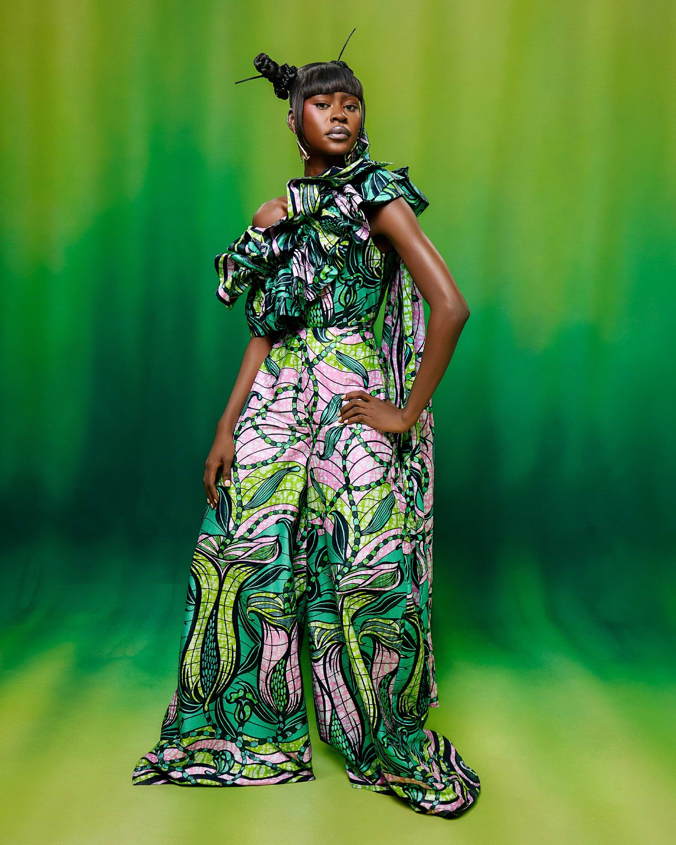 Vibrant one-shoulder jumpsuit bold green grand super-wax vls9099.001