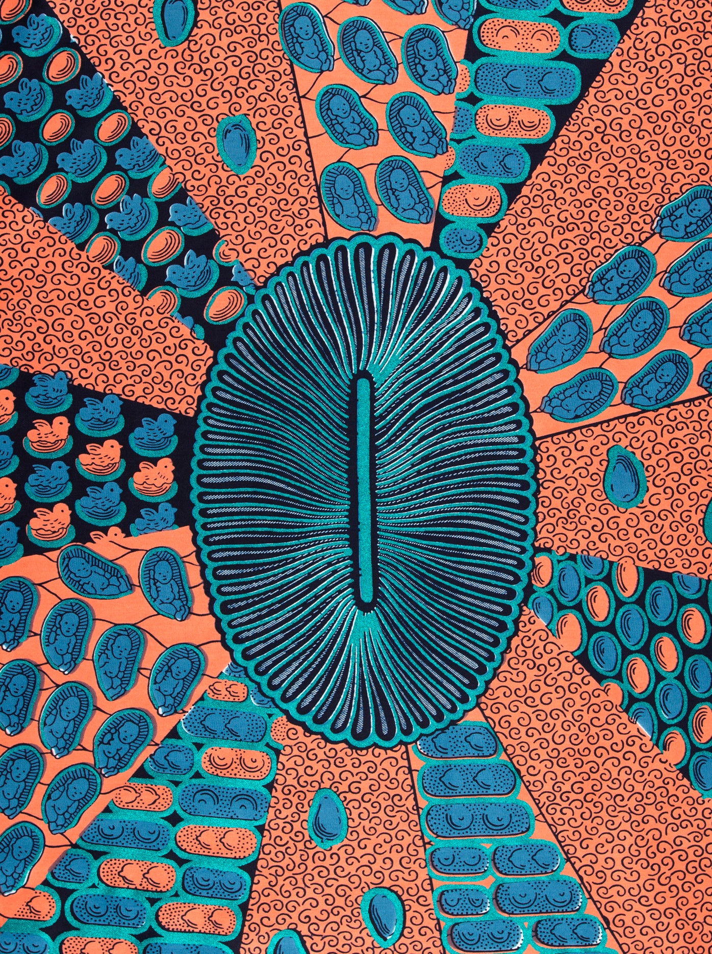 Vibrant orange teal patterned fabric wax hollandais vl00963.159