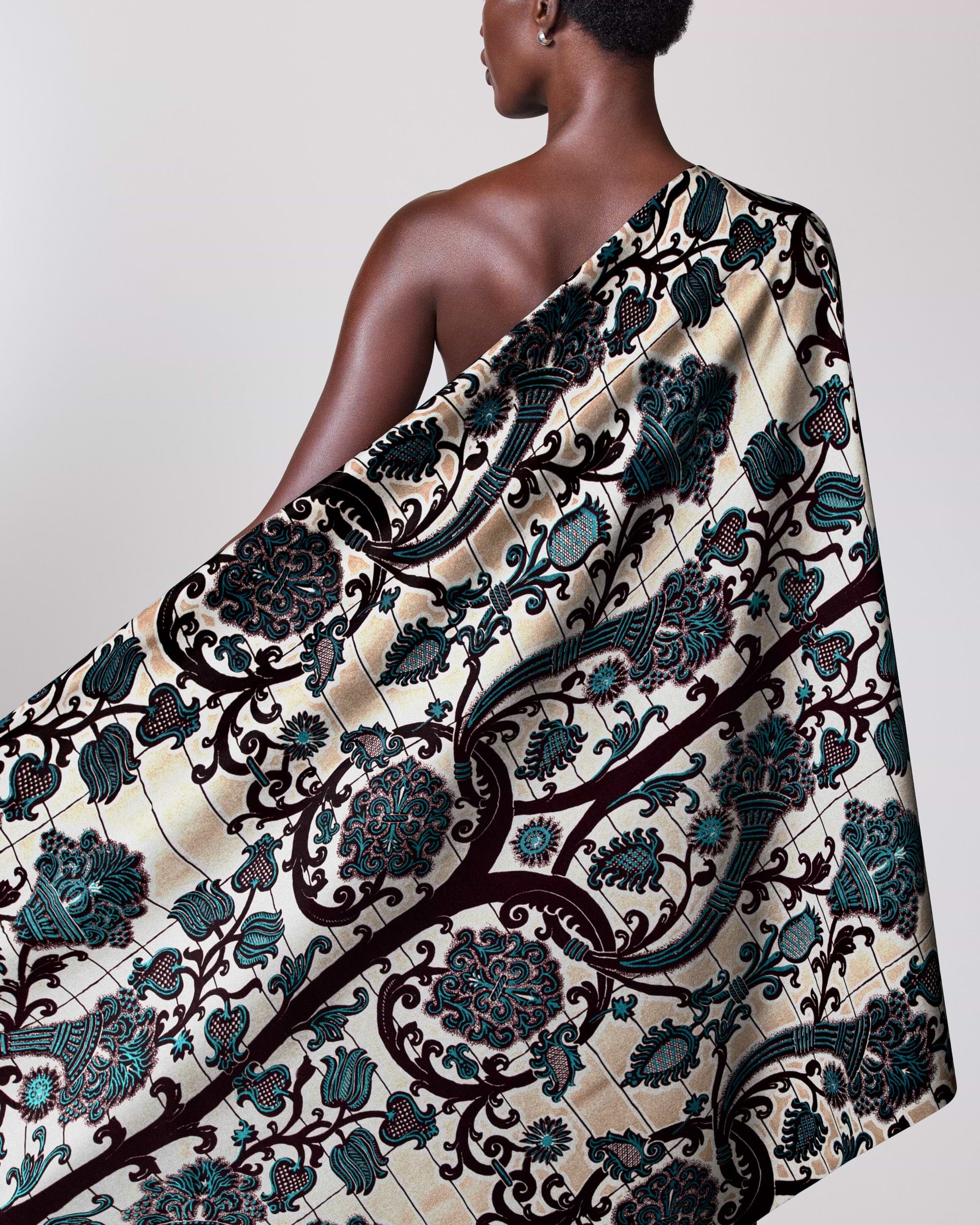 Off-white scarf intricate black teal wax glitterglam