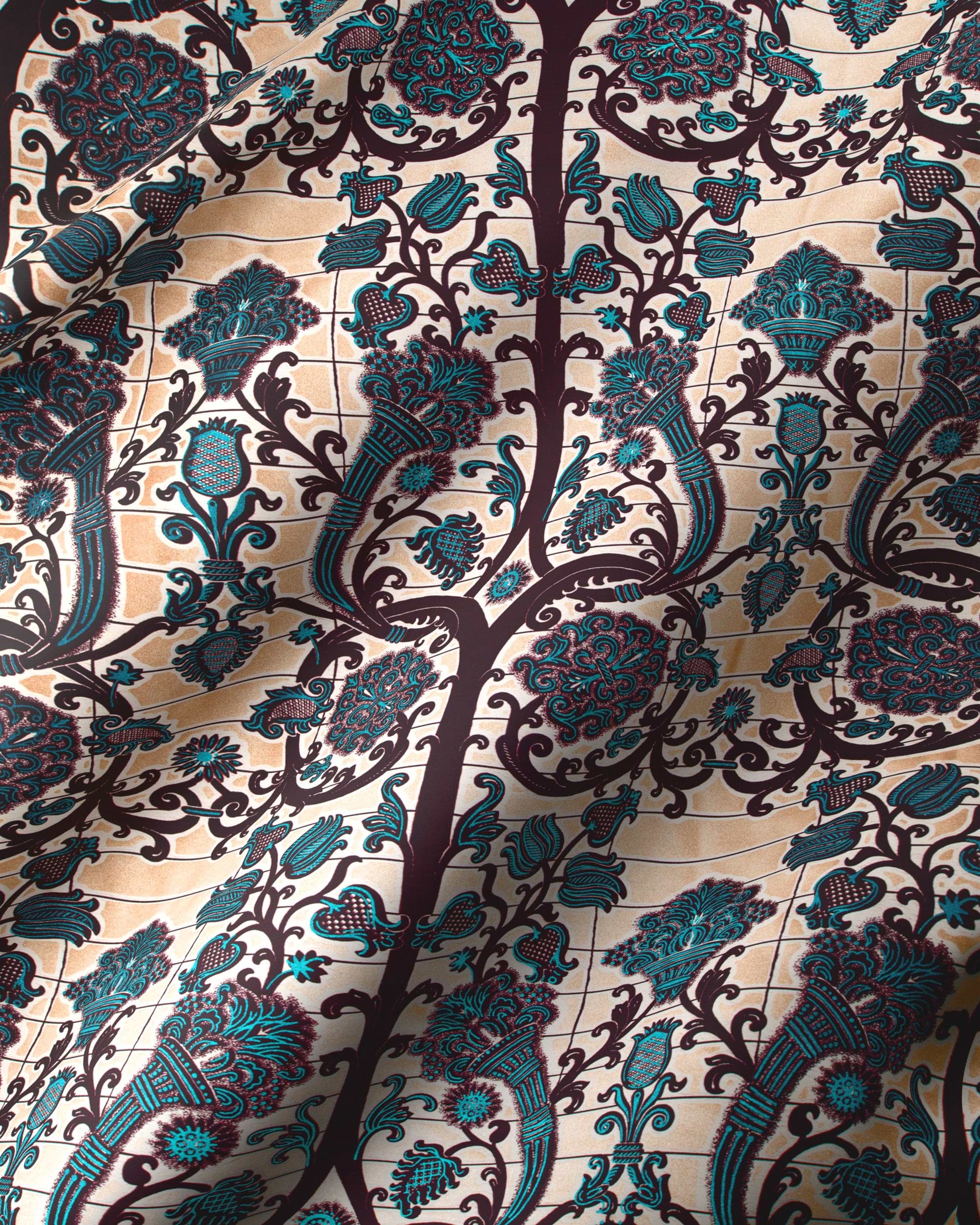 Beige fabric intricate teal dark wax glitterglam