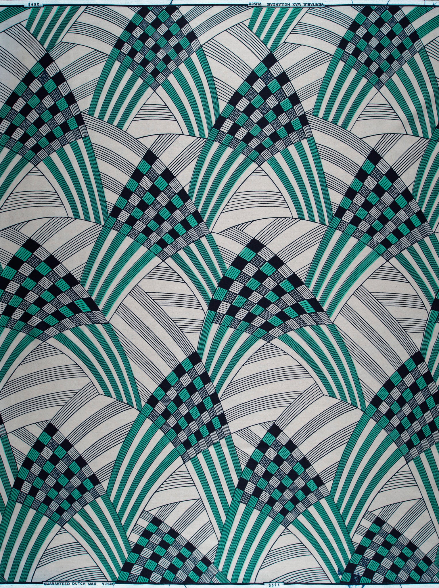 Art deco patterned fabric teal wax hollandais vl03595.043