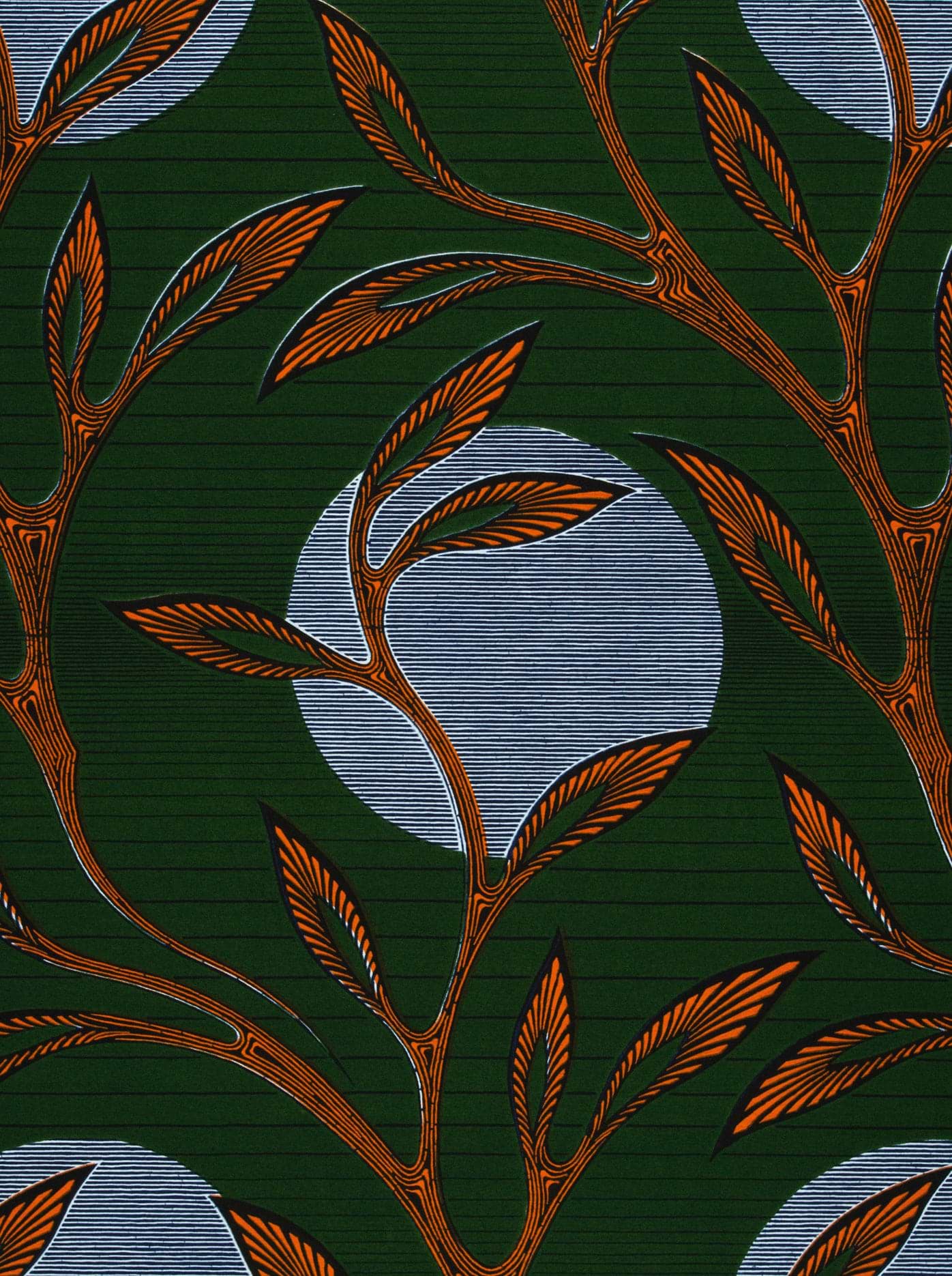 Dark green fabric intricate orange-brown wax hollandais vl03639.217