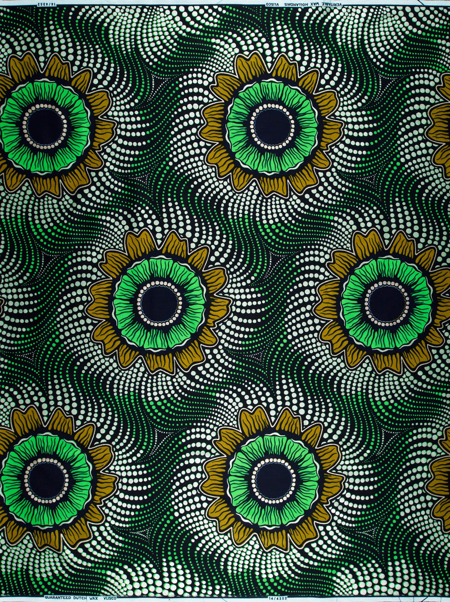 Vibrant green gold sunflower-patterned african wax hollandais vl04352.010