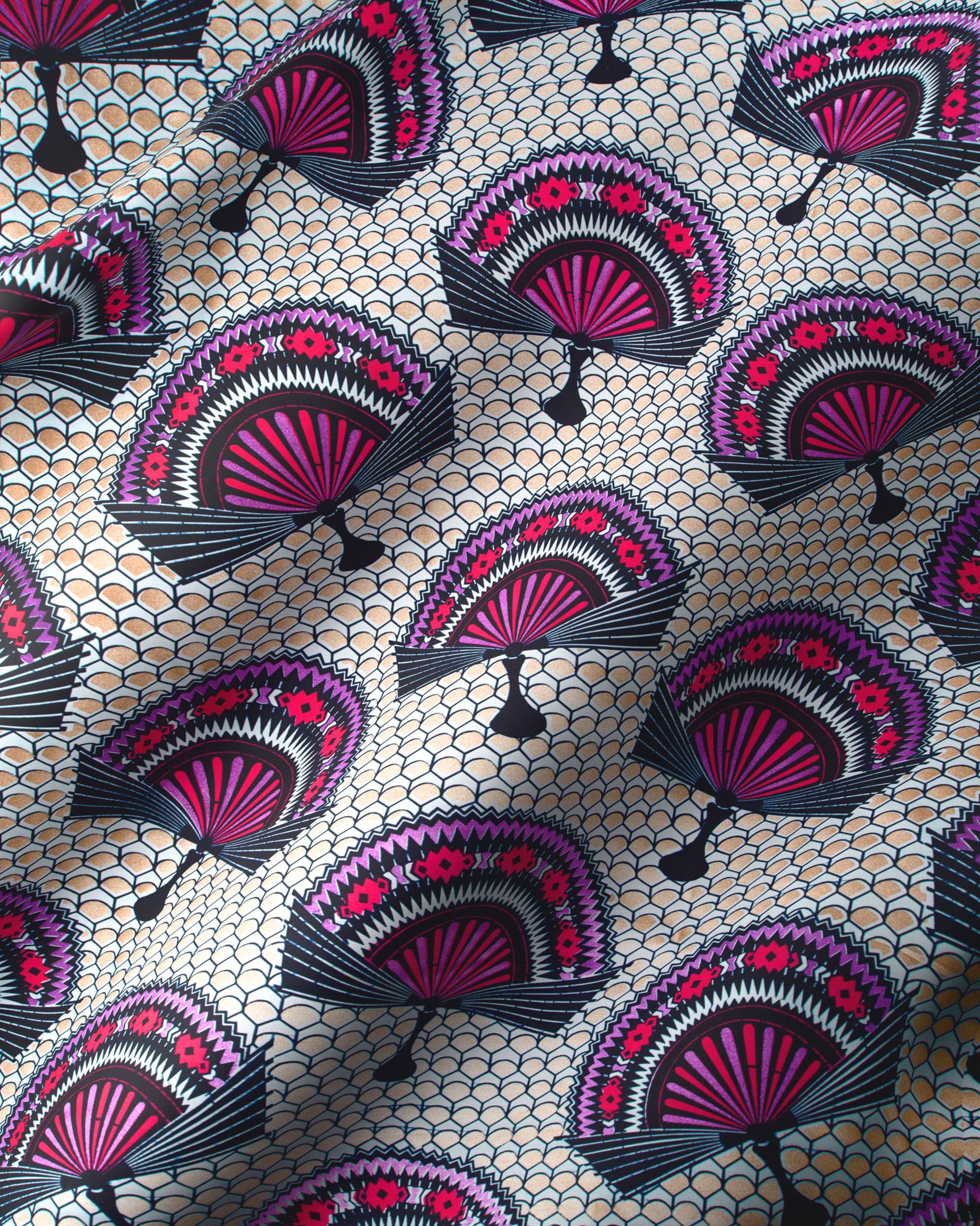 Vibrant purple black fan-patterned fabric wax glitterglam vl08926.014
