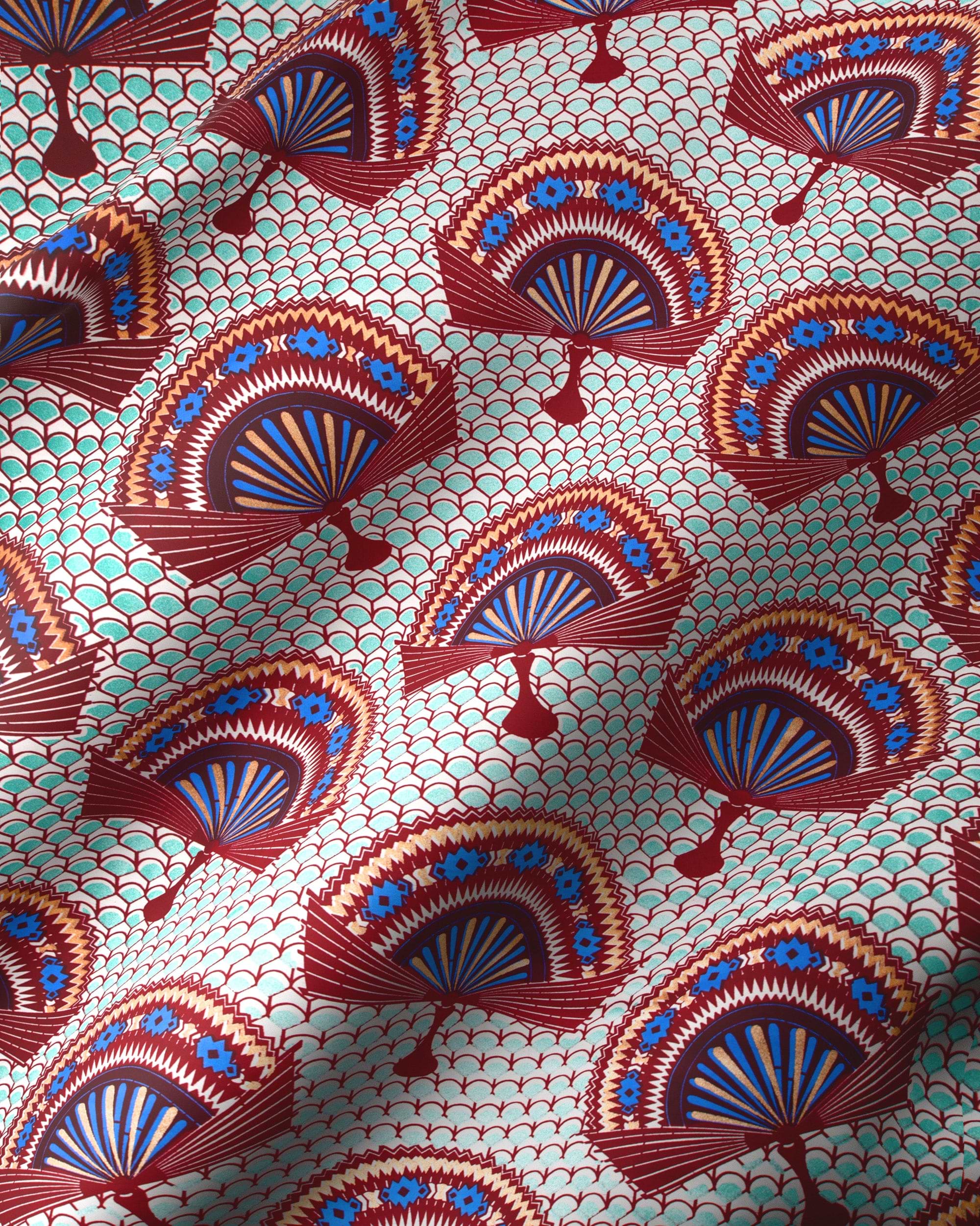 Vibrant red blue fan-patterned fabric wax glitterglam vl08926.016