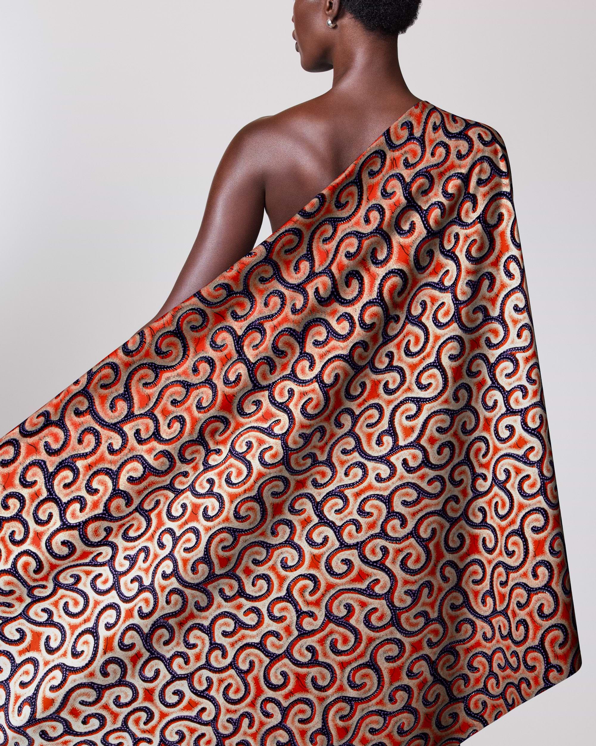 Vibrant orange navy blue patterned wax hollandais vl0h907.240