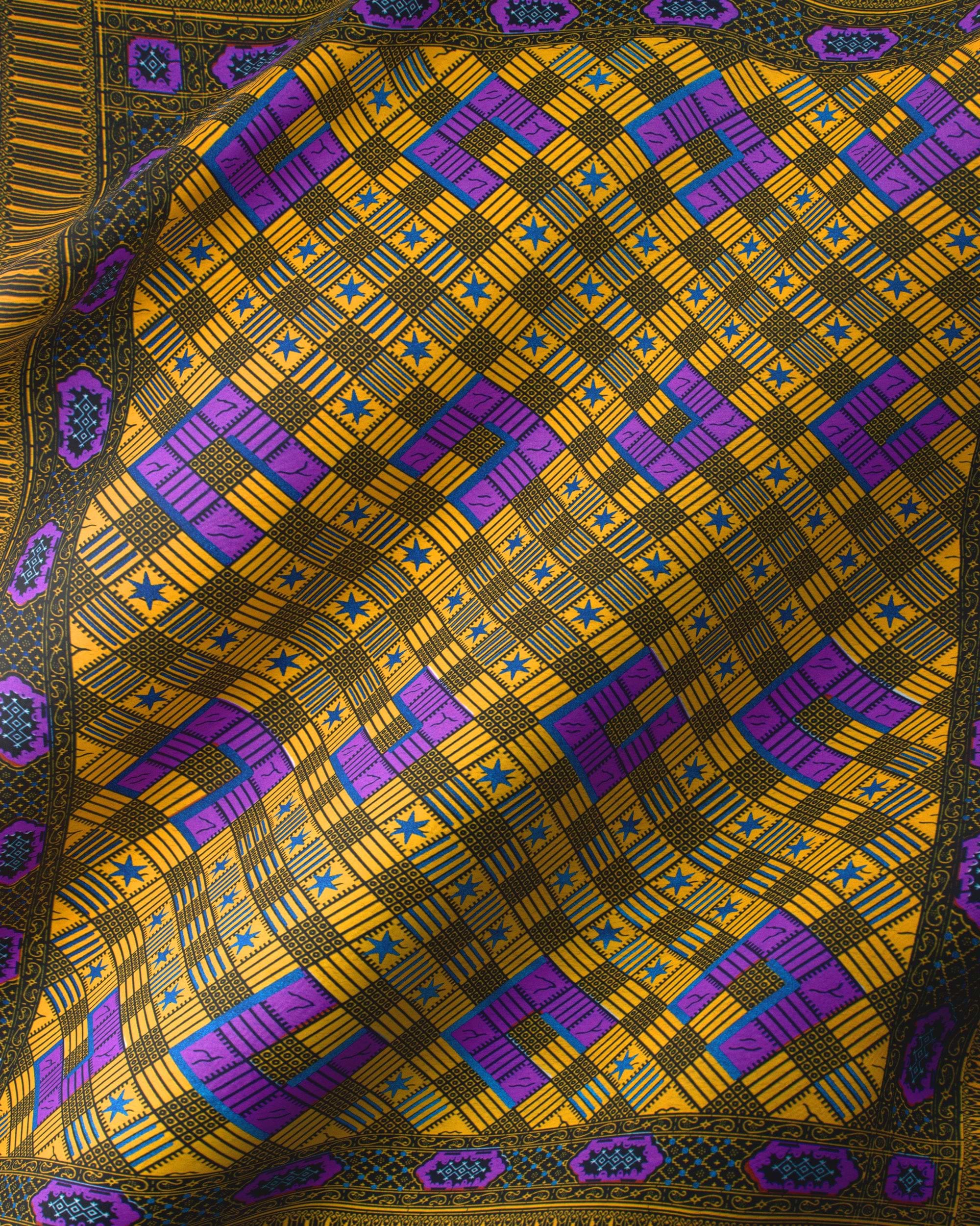 Vibrant yellow purple geometric-patterned silk wax hollandais vl44050.387