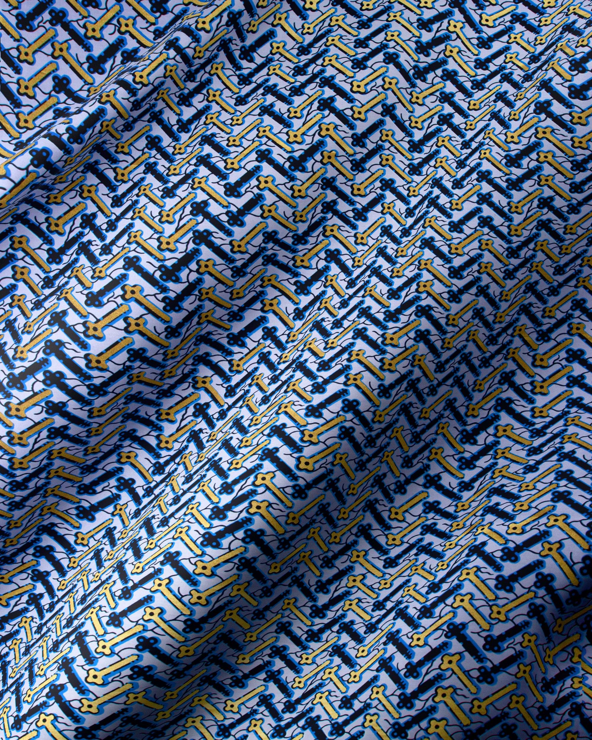 Blue yellow key-patterned fabric zigzag wax hollandais vl46700.044