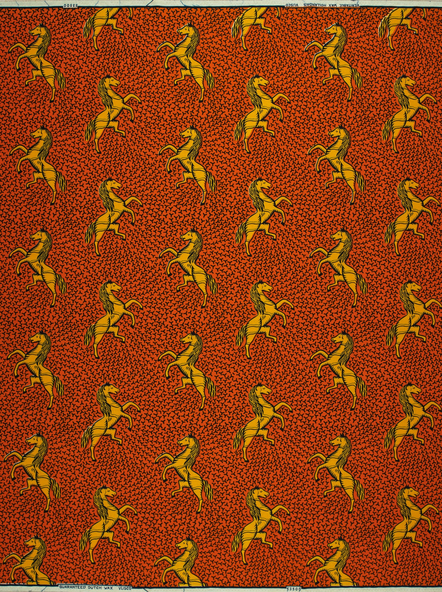 Red fabric pattern yellow horses wax hollandais vl53500.108
