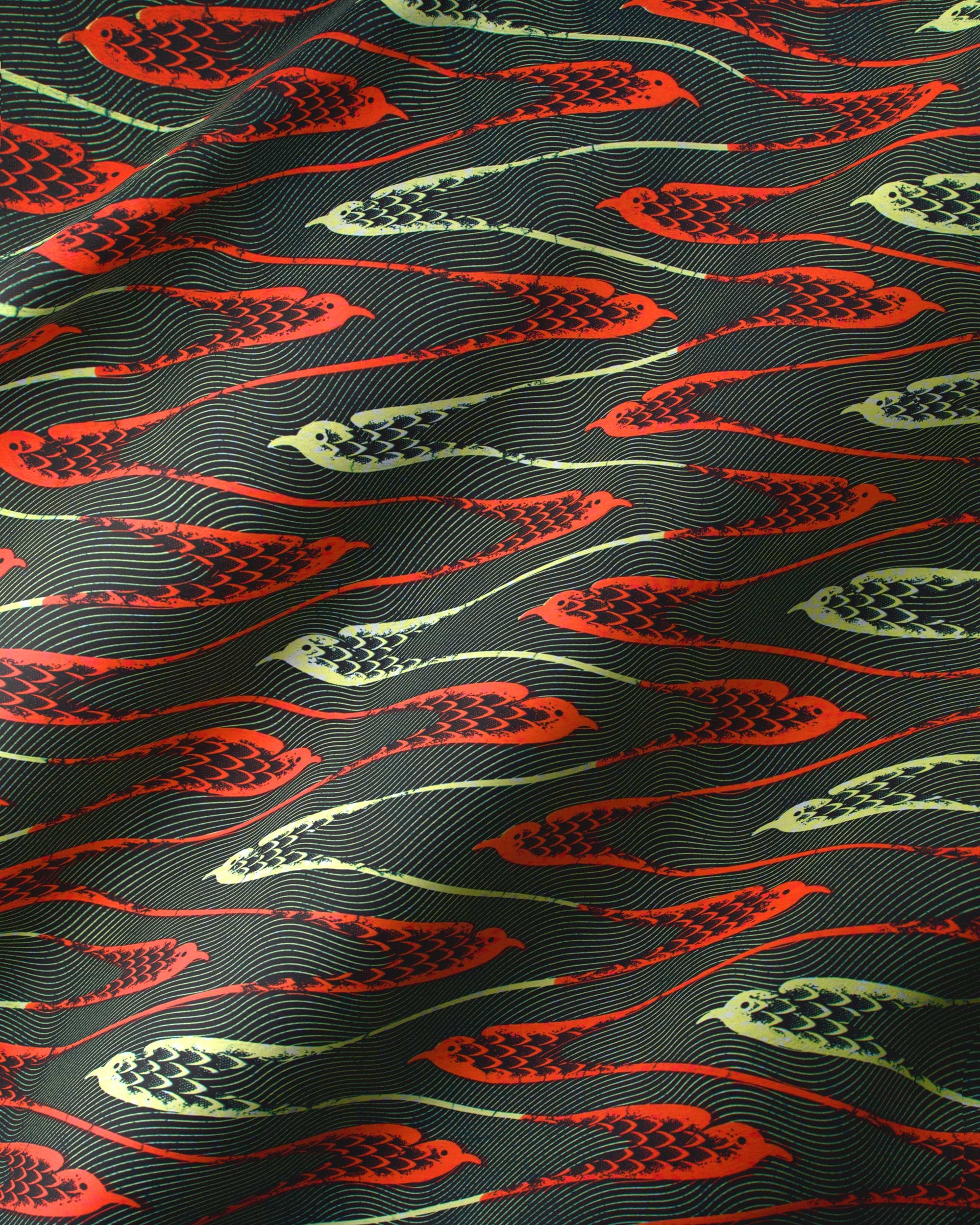 Black fabric pattern stylized birds wax hollandais vla0967.018