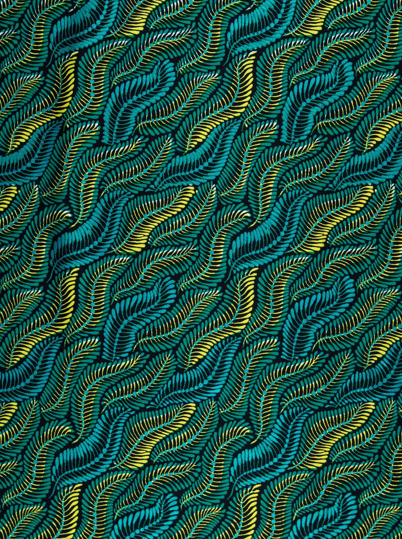 Vibrant teal yellow leaf-patterned fabric wax hollandais vla1472.017
