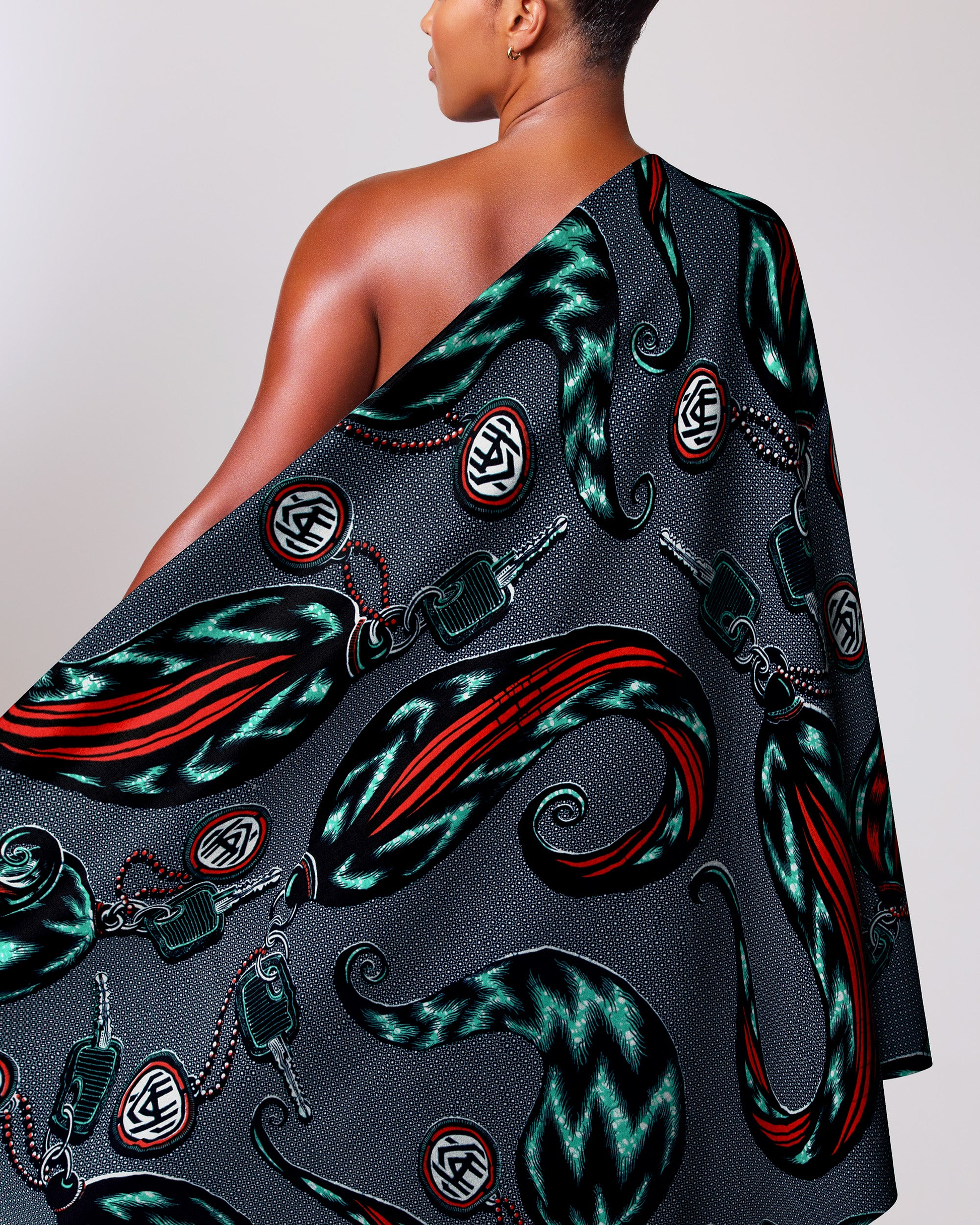 One-shoulder dress dark gray fabric wax hollandais vla1517.049