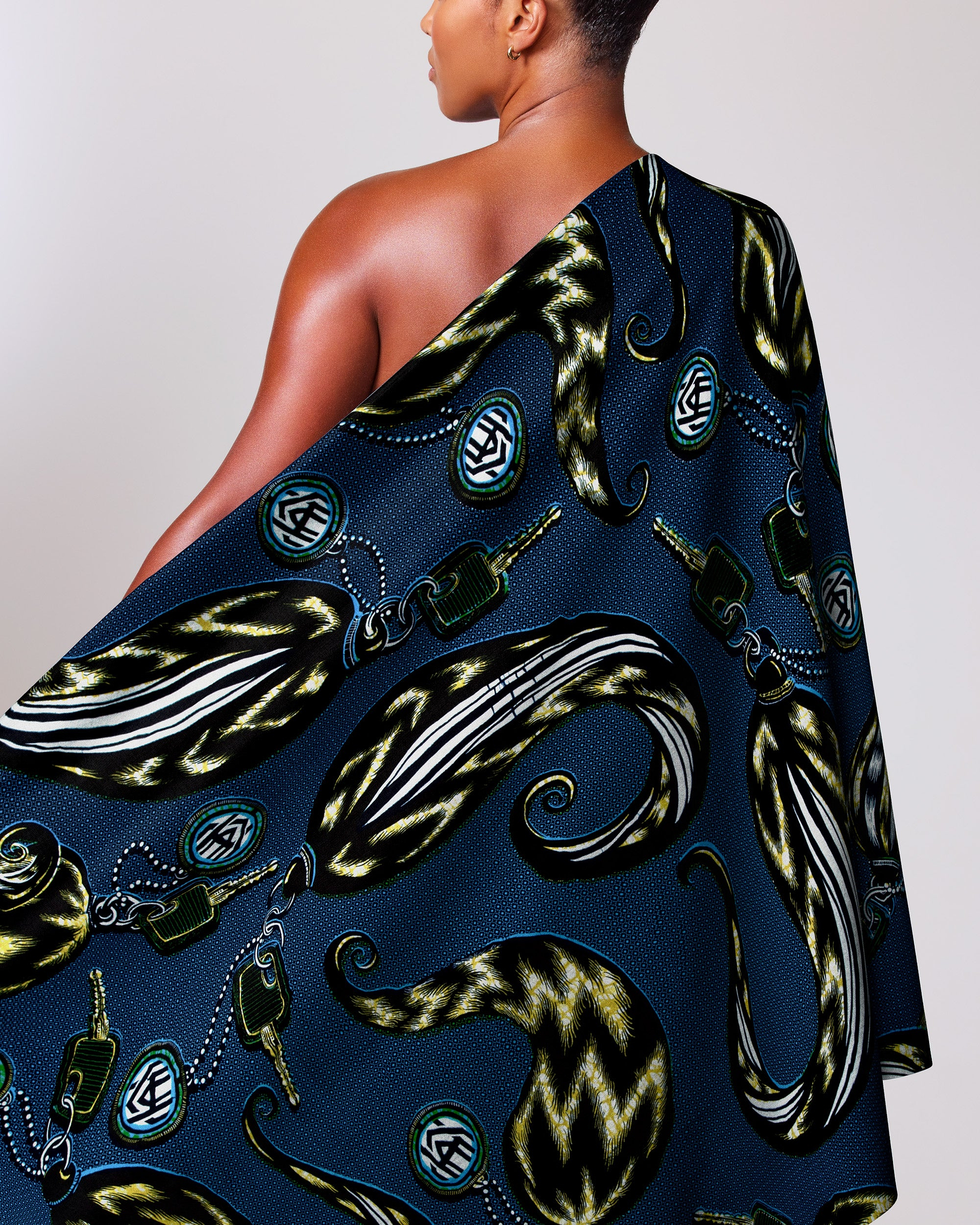 Navy blue one-shoulder wrap dress wax hollandais vla1517.050