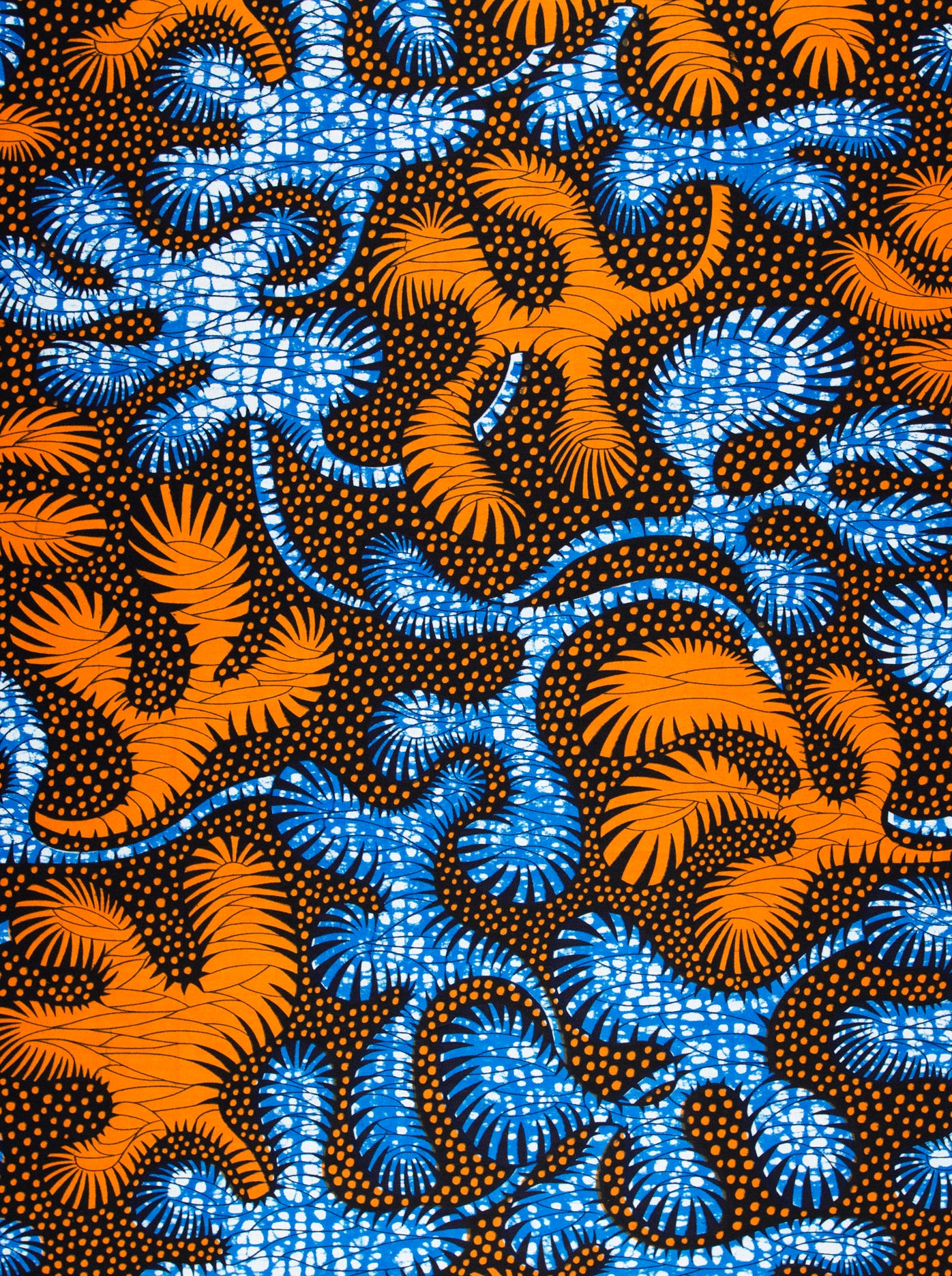 Vibrant blue orange abstract leaf-patterned wax hollandais vla2070.046