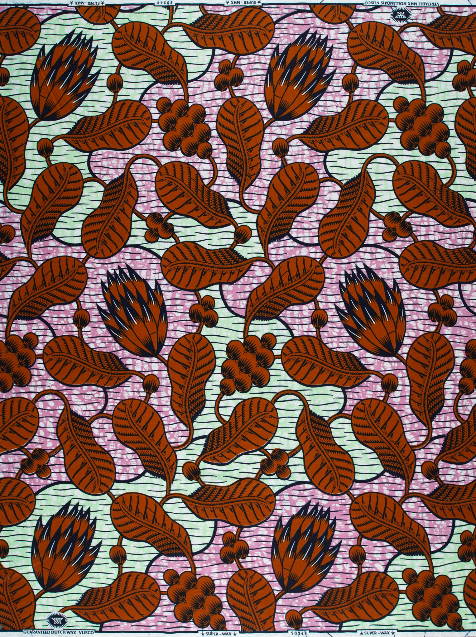Vibrant brown black botanical print super-wax