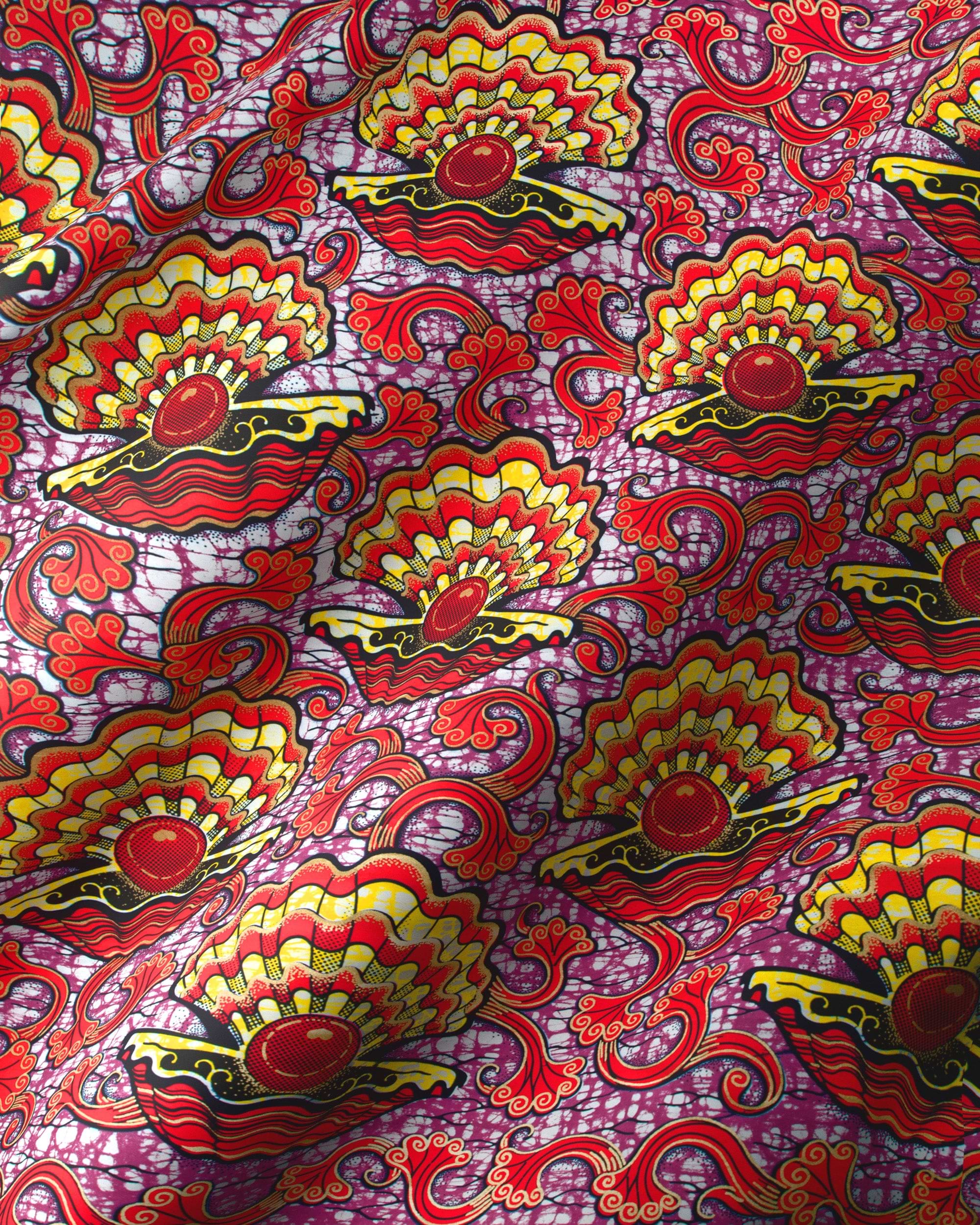 Vibrant red yellow shell-patterned fabric super-wax vls1124.028