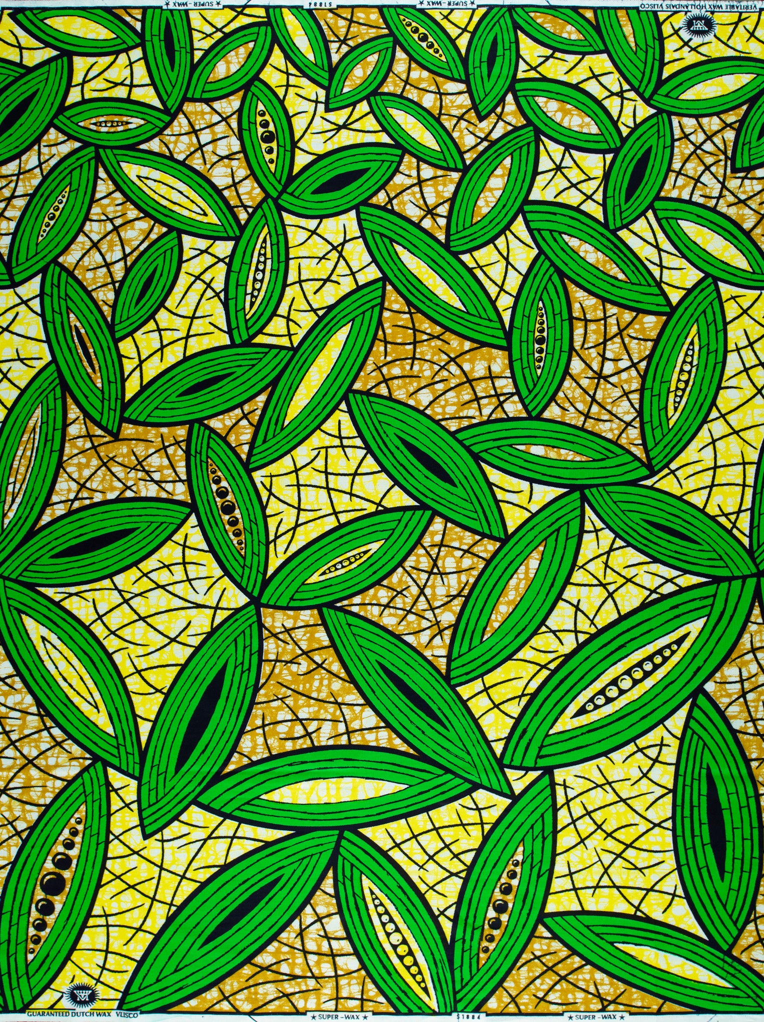 Vibrant green leaf-patterned fabric bold super-wax vls1884.004