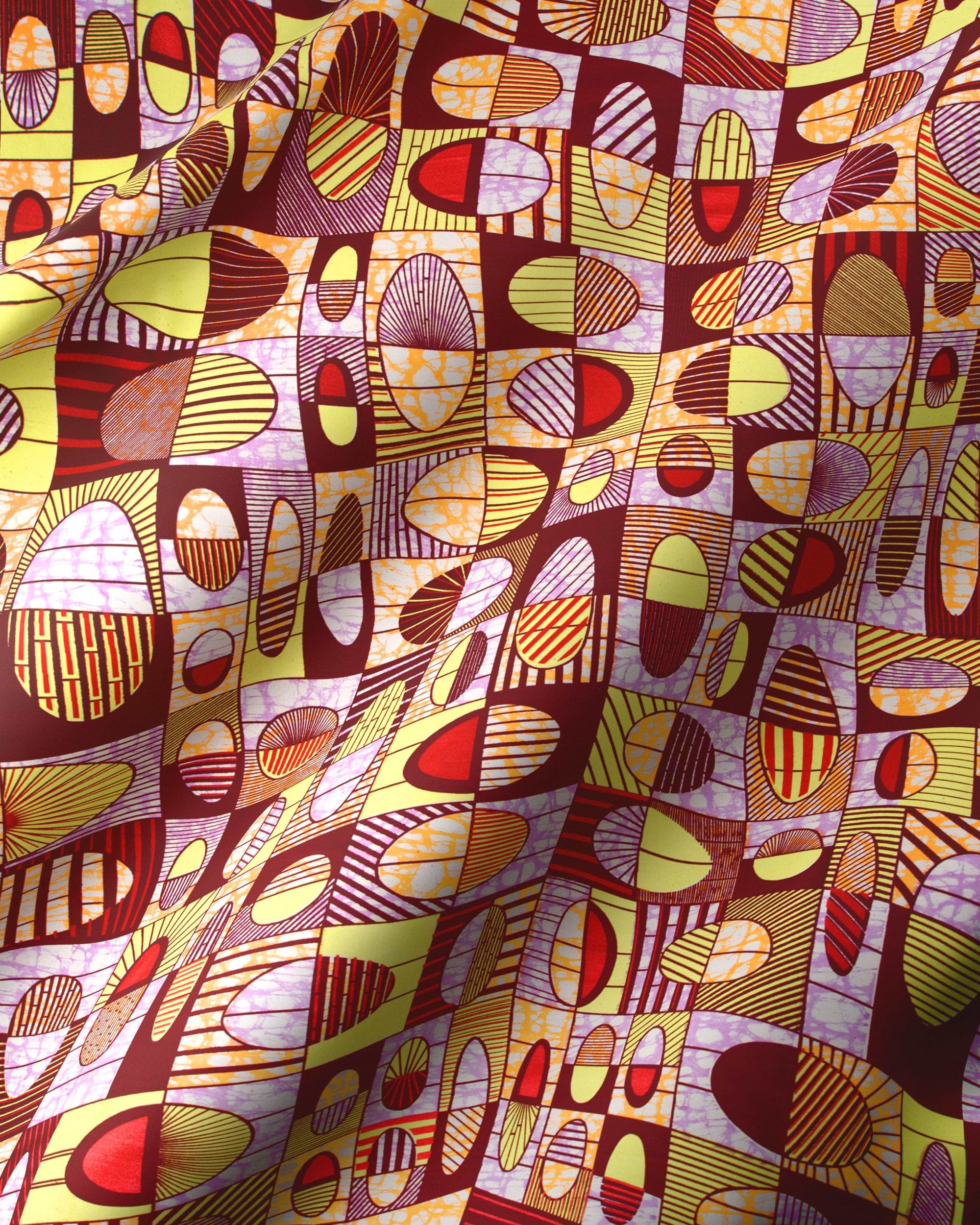 Vibrant abstract-patterned fabric bold reds super-wax vls2764.007