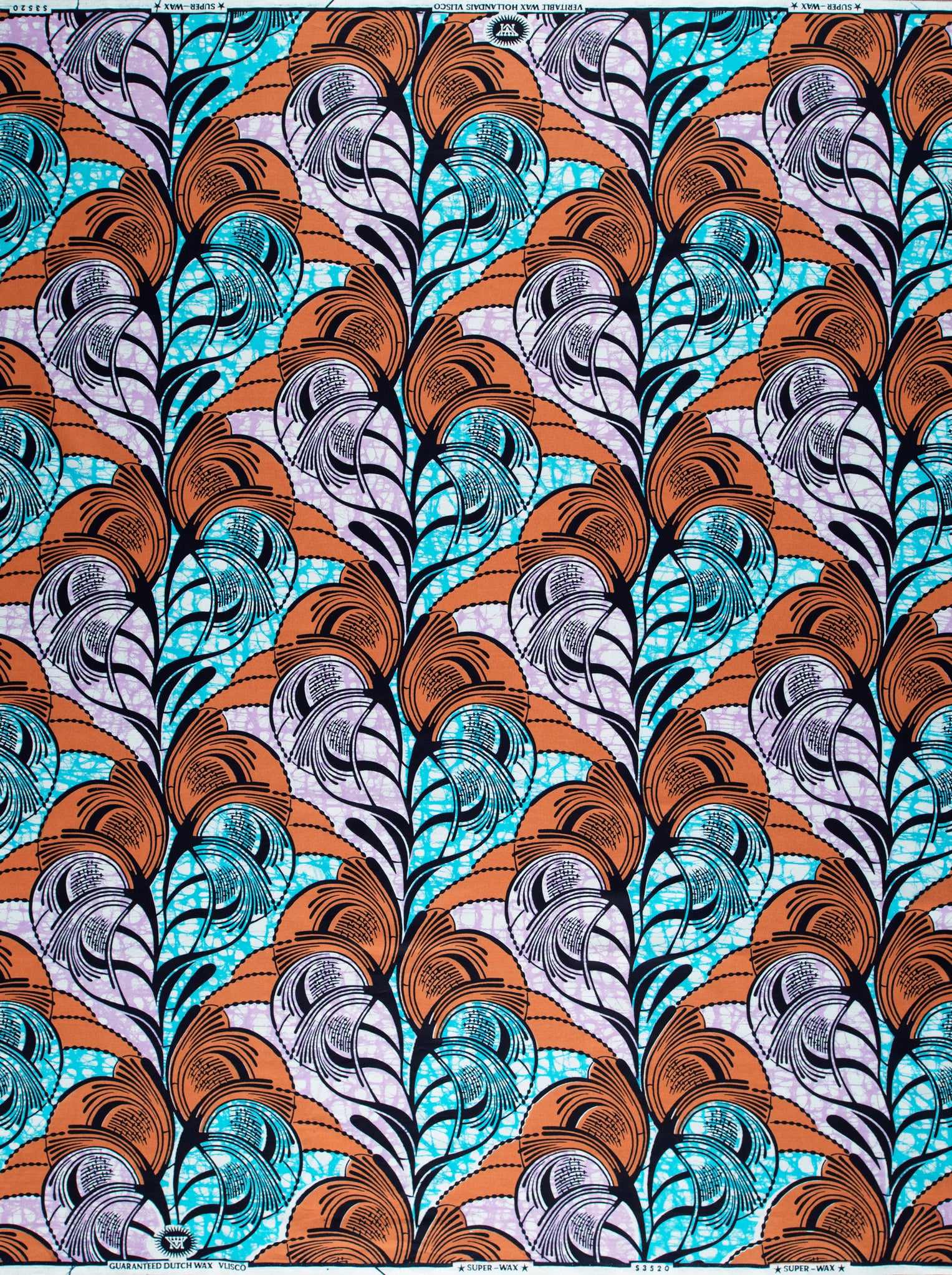 Vibrant orange teal feather-patterned african super-wax vls3520.005