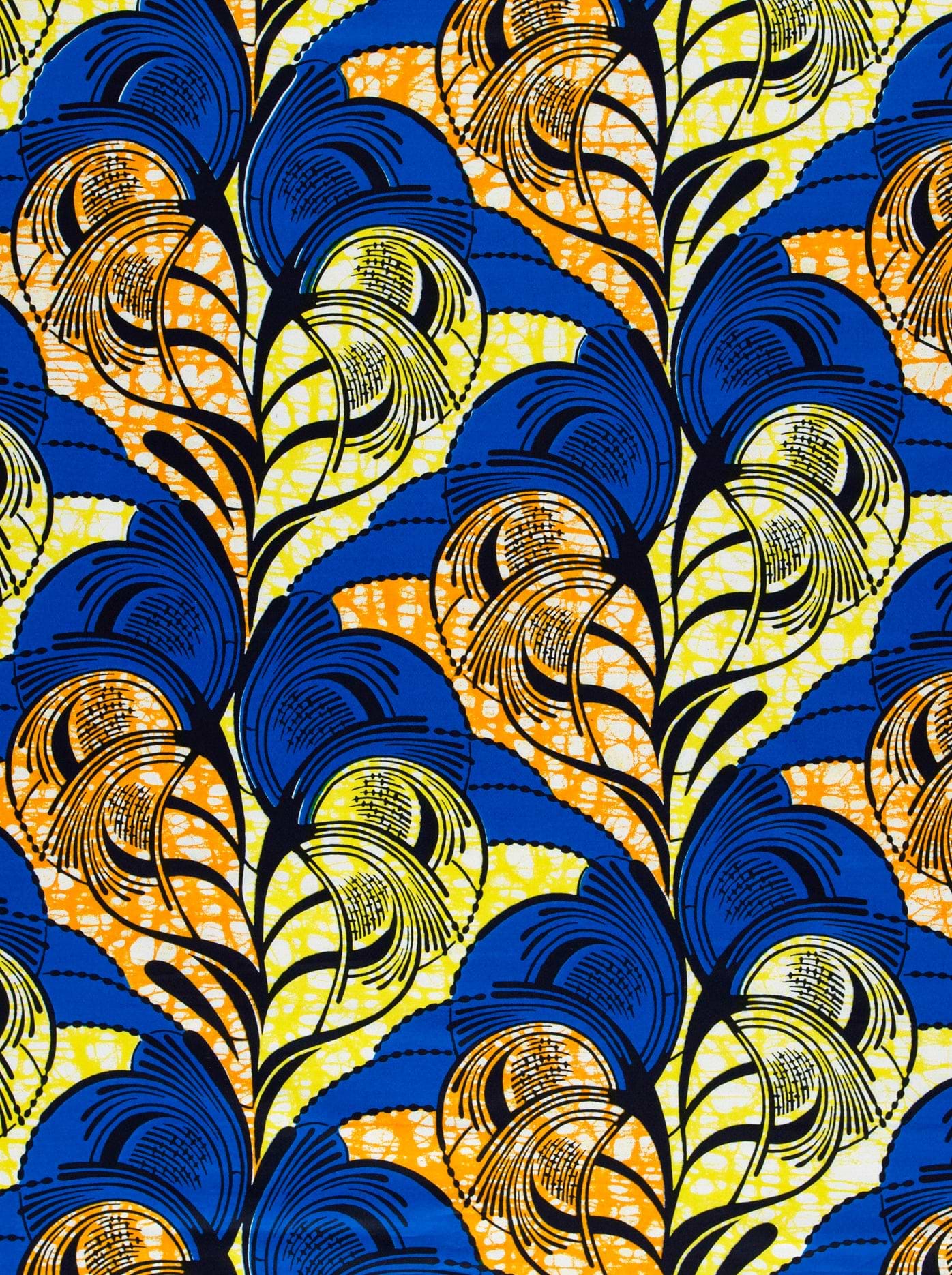 Vibrant blue yellow feather-patterned african super-wax vls3520.007