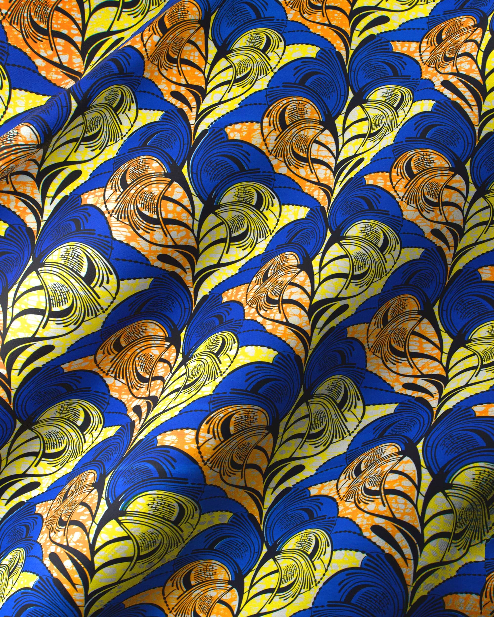 Vibrant blue yellow feather-patterned african super-wax vls3520.007