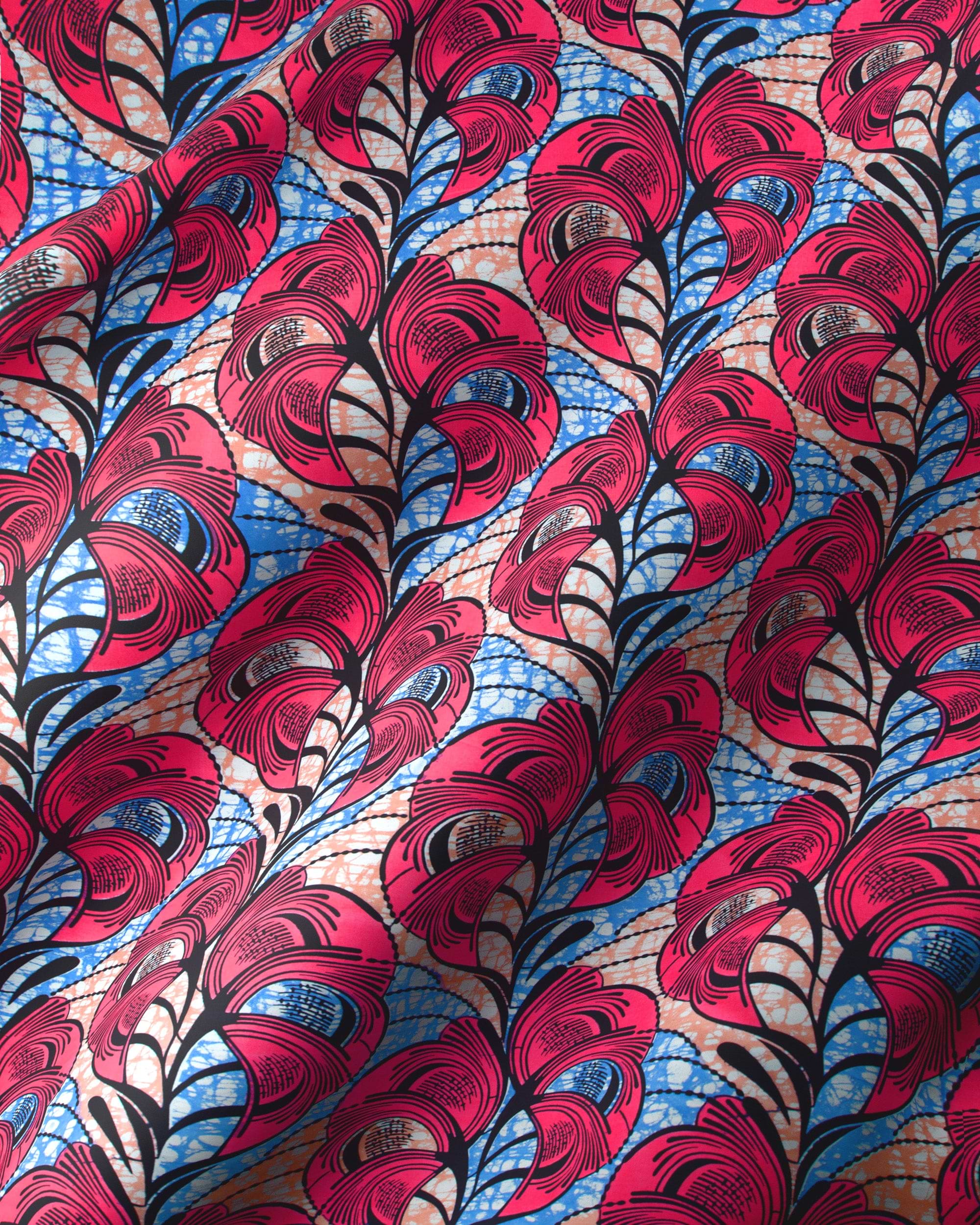 Vibrant red blue feather-patterned african super-wax vls3520.009