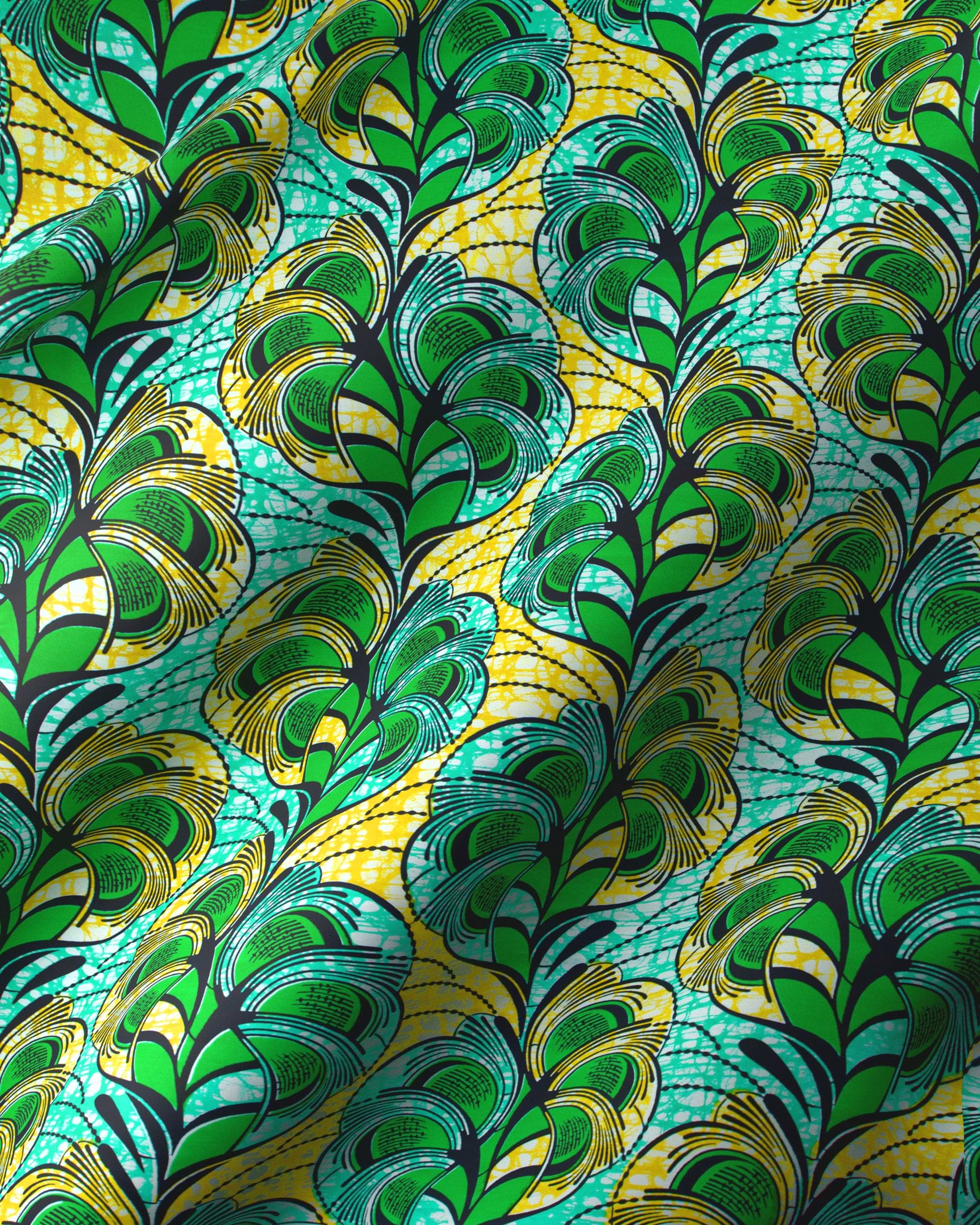 Vibrant green yellow feather-patterned fabric super-wax vls3520.013