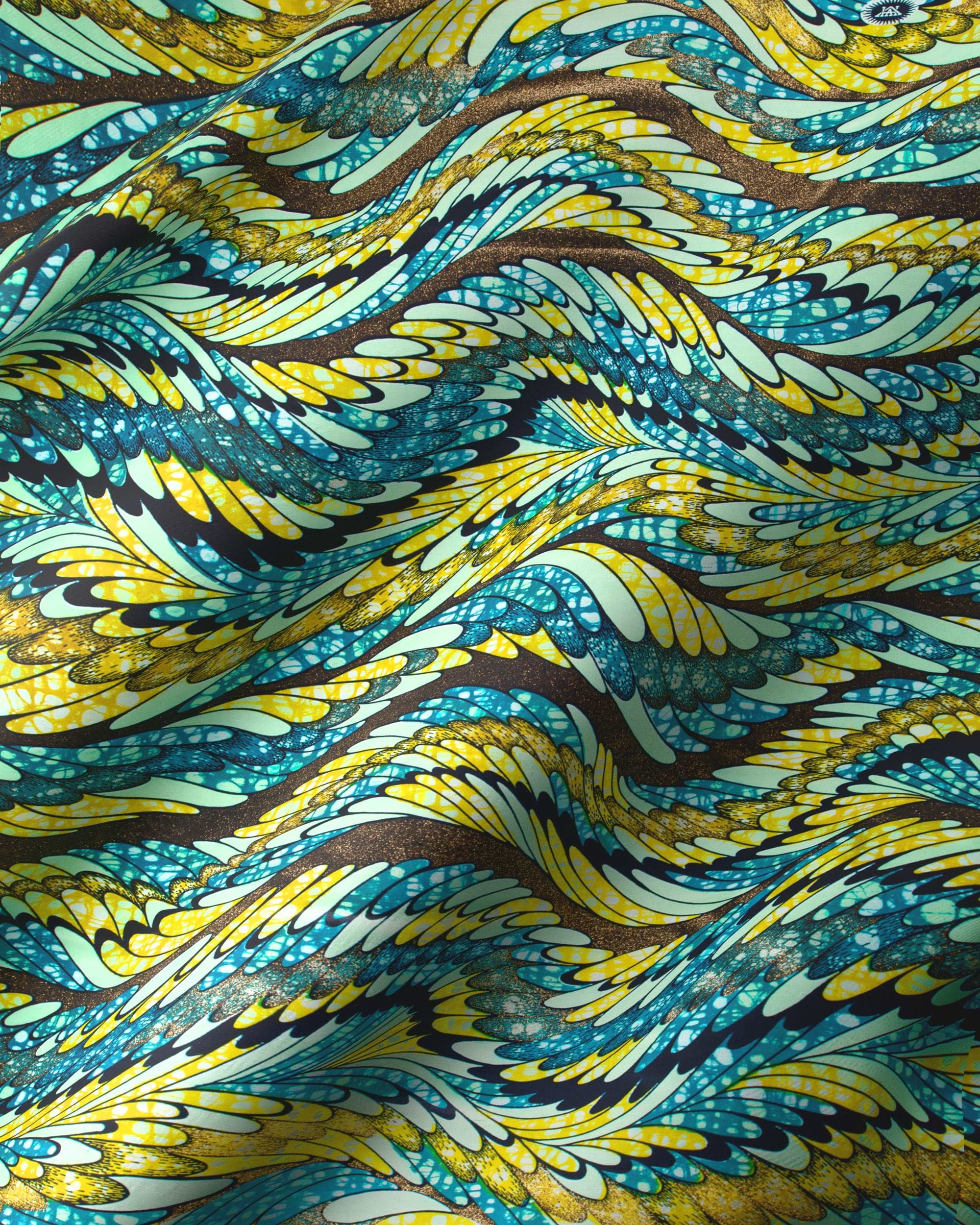 Vibrant turquoise gold feather-patterned fabric grand super-wax vls4417.002