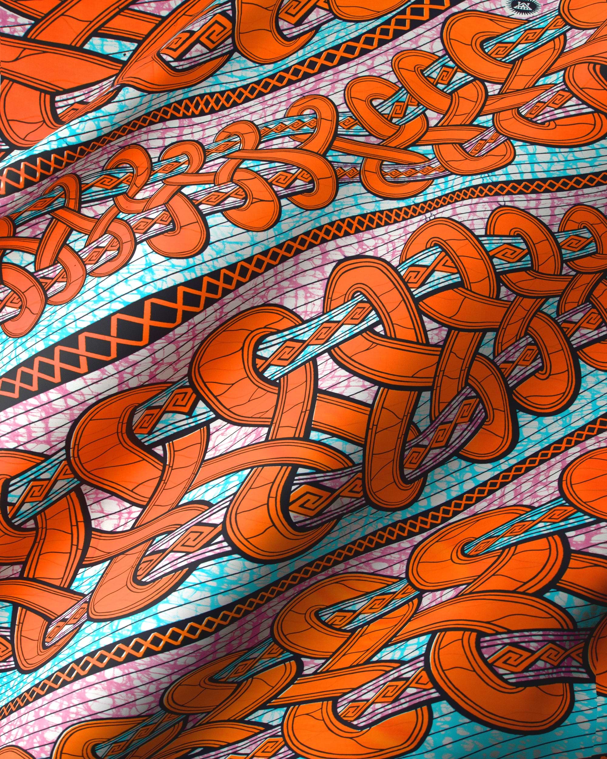 Vibrant orange teal patterned fabric super-wax vls4959.004