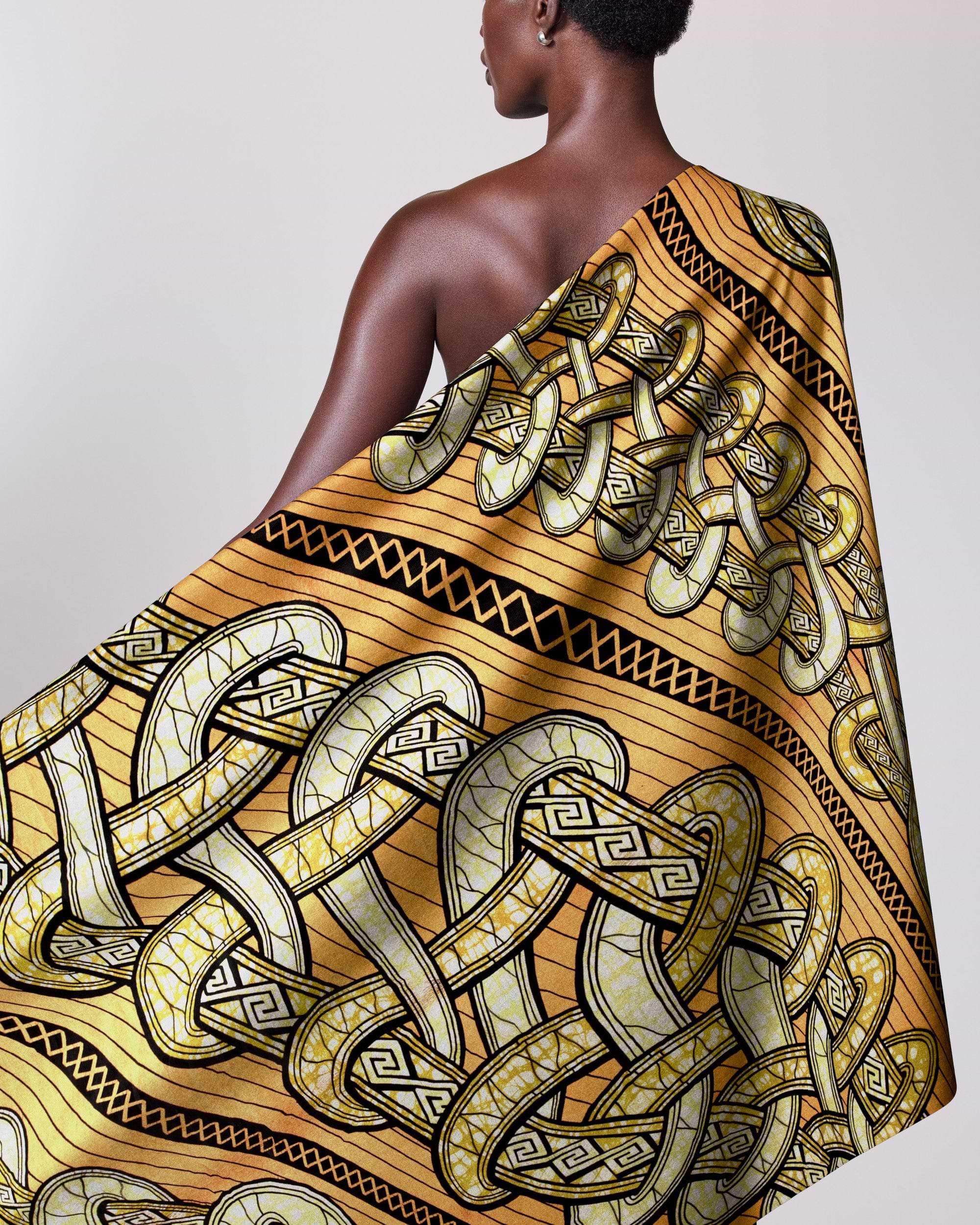 Woman draped vibrant golden-yellow silk super-wax vls4959.017