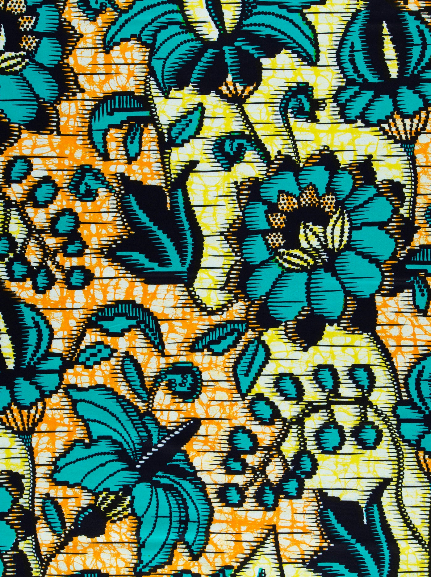 Vibrant turquoise black floral-patterned fabric super-wax vls6412.010