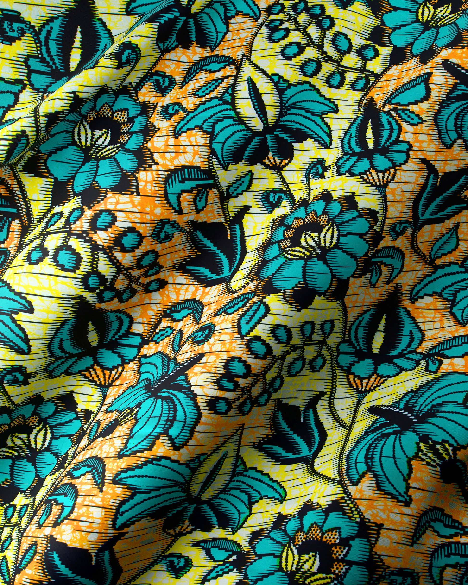 Vibrant yellow teal floral-patterned fabric super-wax vls6412.010