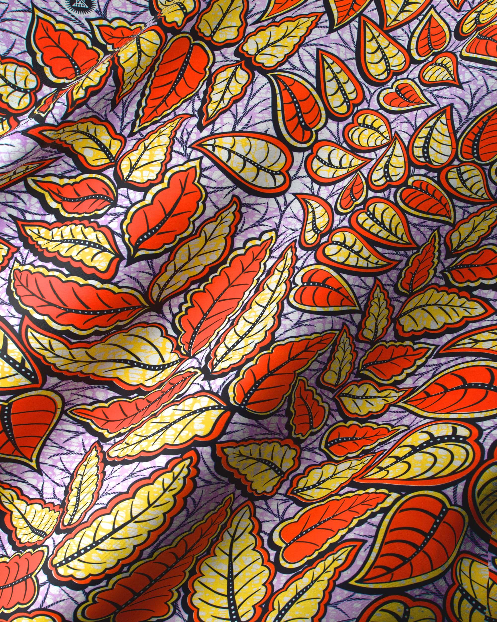 Vibrant red yellow leaf-patterned fabric super-wax vls6477.008