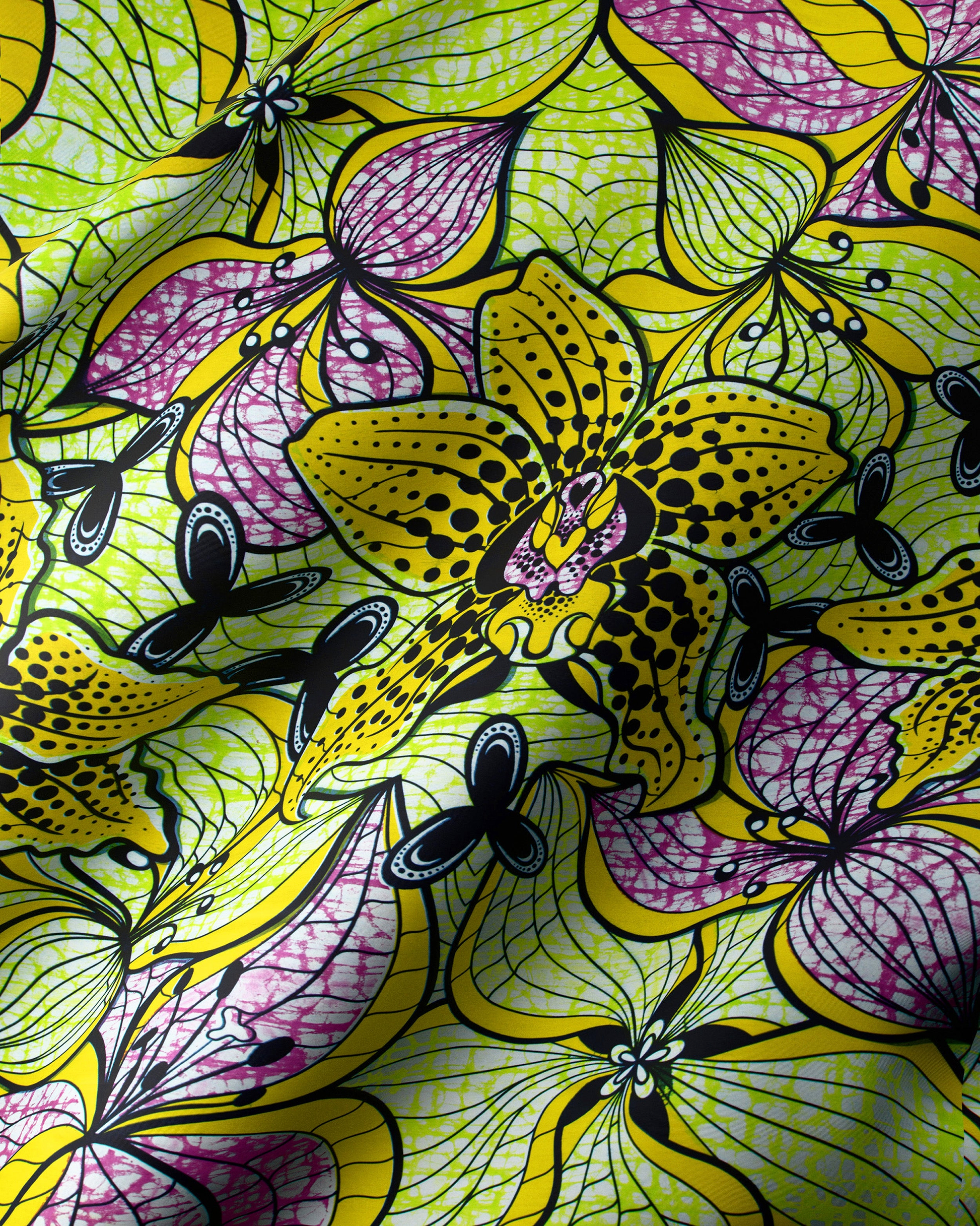 Vibrant yellow pink orchid-patterned fabric super-wax vls6516.005