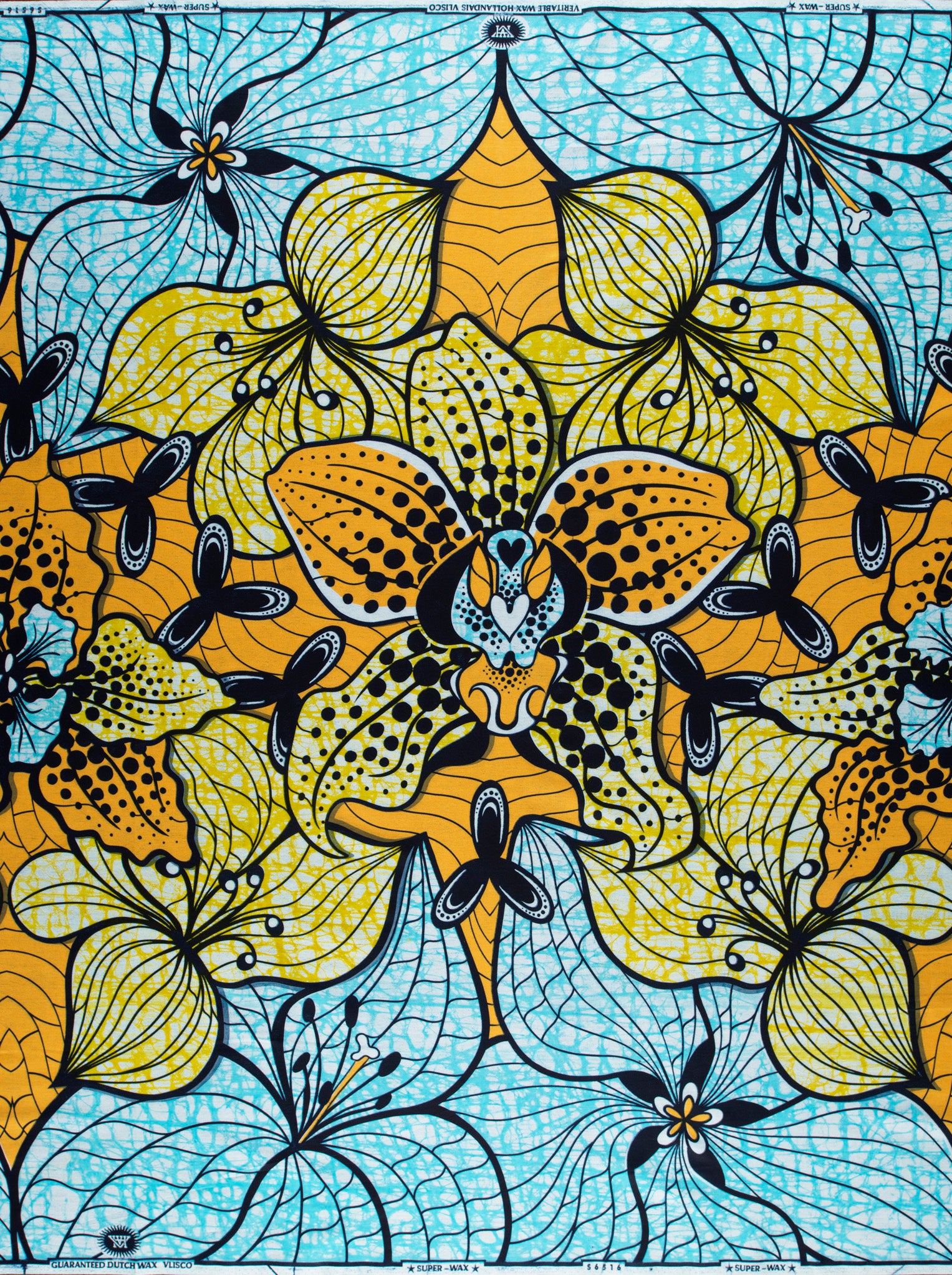 Vibrant yellow orange orchid-patterned african super-wax vls6516.009