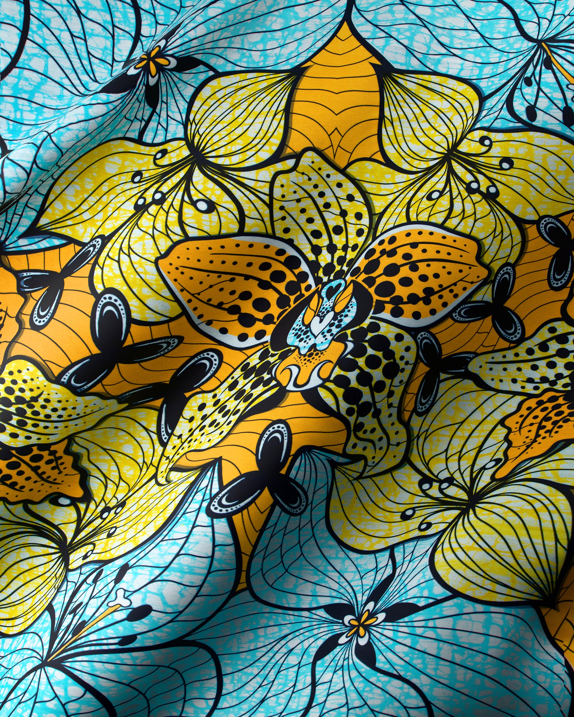 Vibrant yellow turquoise butterfly-patterned fabric super-wax vls6516.009
