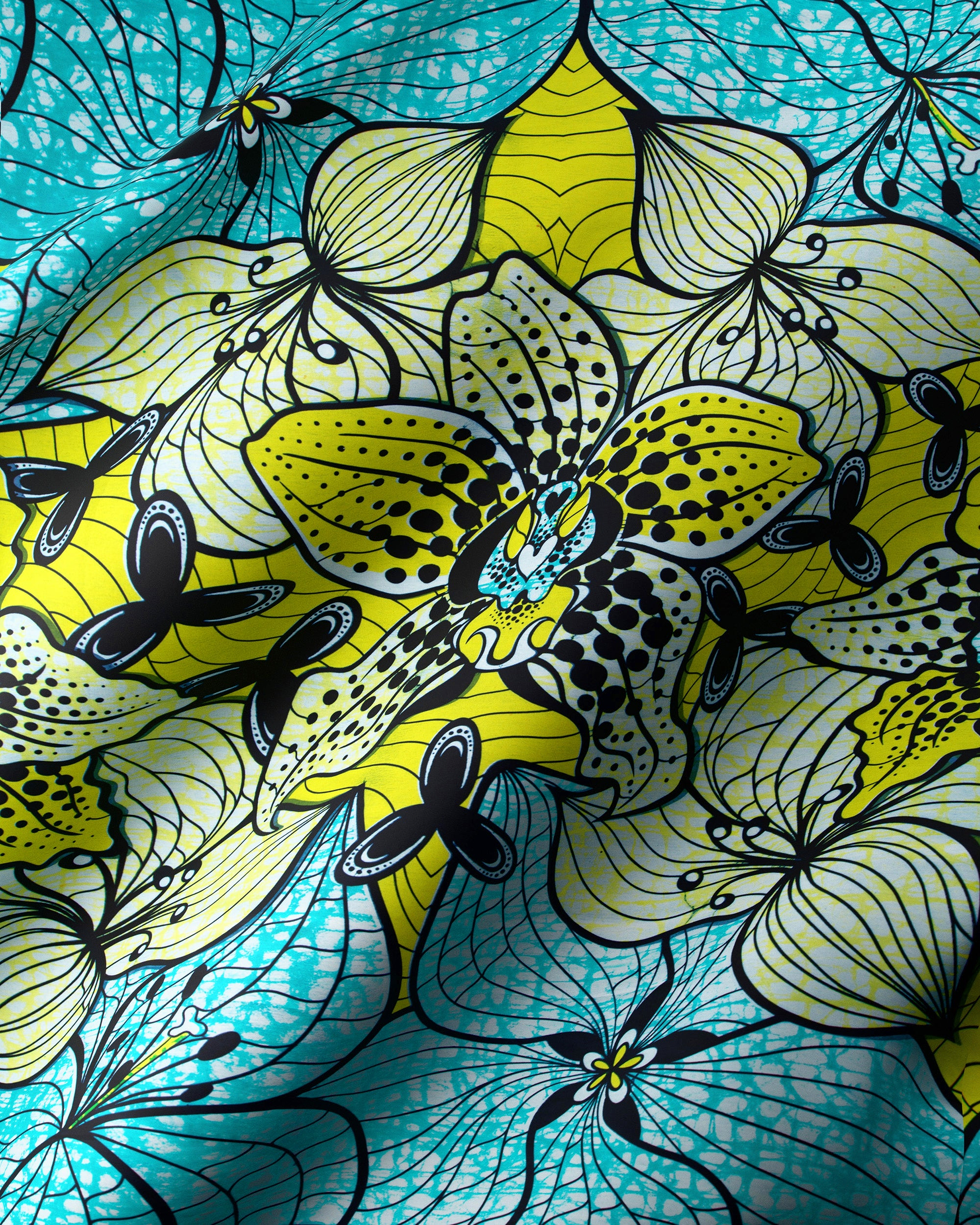 Vibrant turquoise yellow floral fabric super-wax vls6516.012