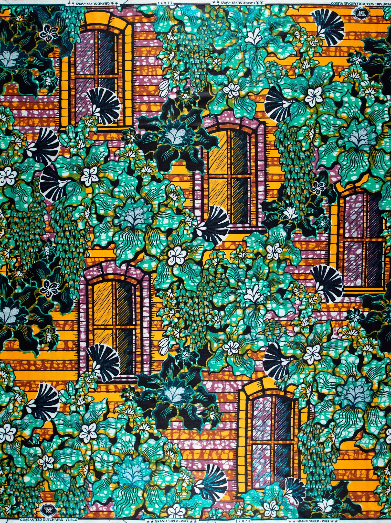 Vibrant green black floral-patterned fabric grand super-wax vls7072.001