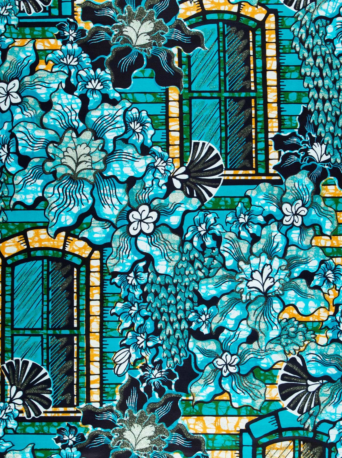 Vibrant turquoise black floral-patterned fabric grand super-wax vls7072.006