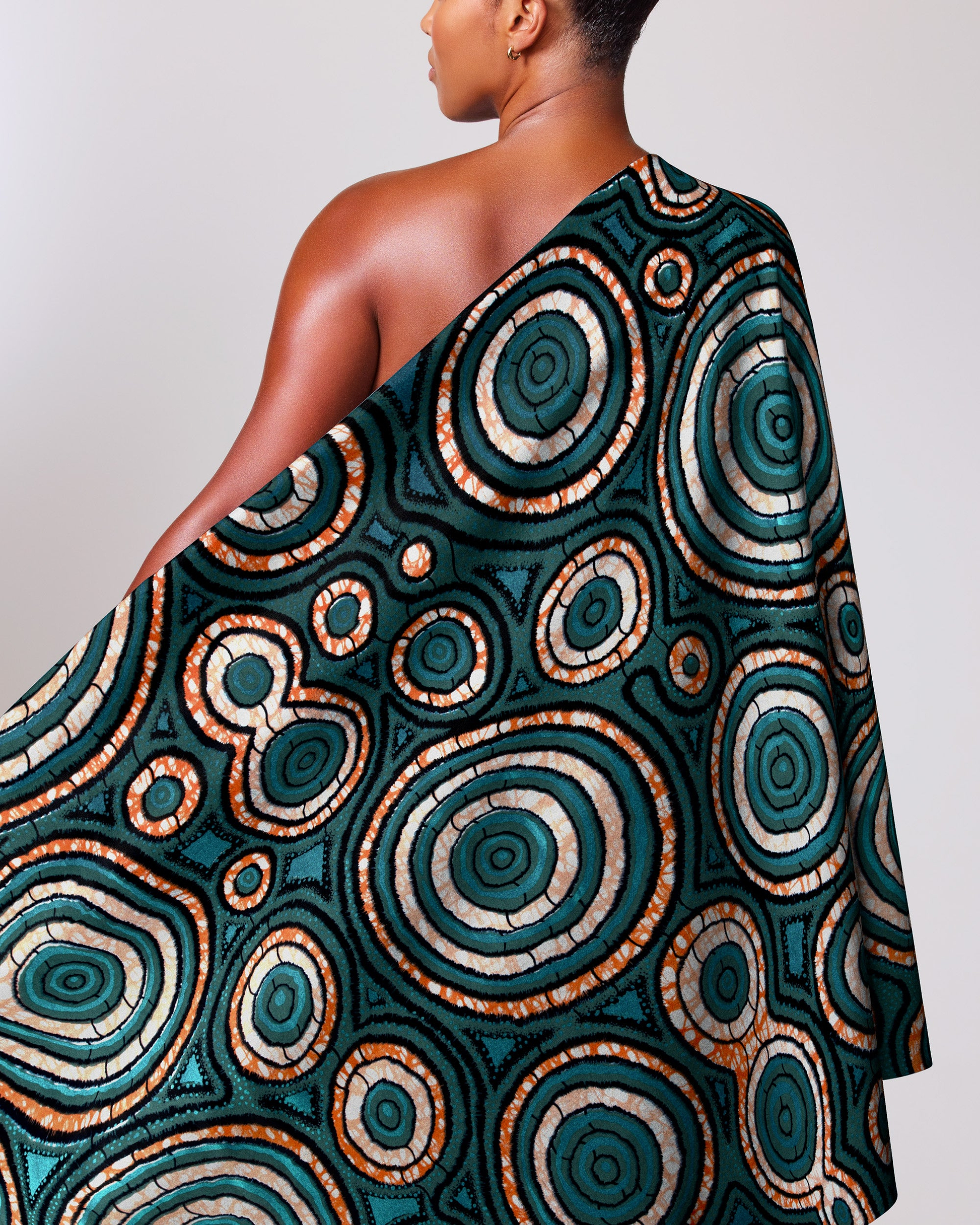 Vibrant teal cream circular-patterned one-shoulder super-wax vls7336.001