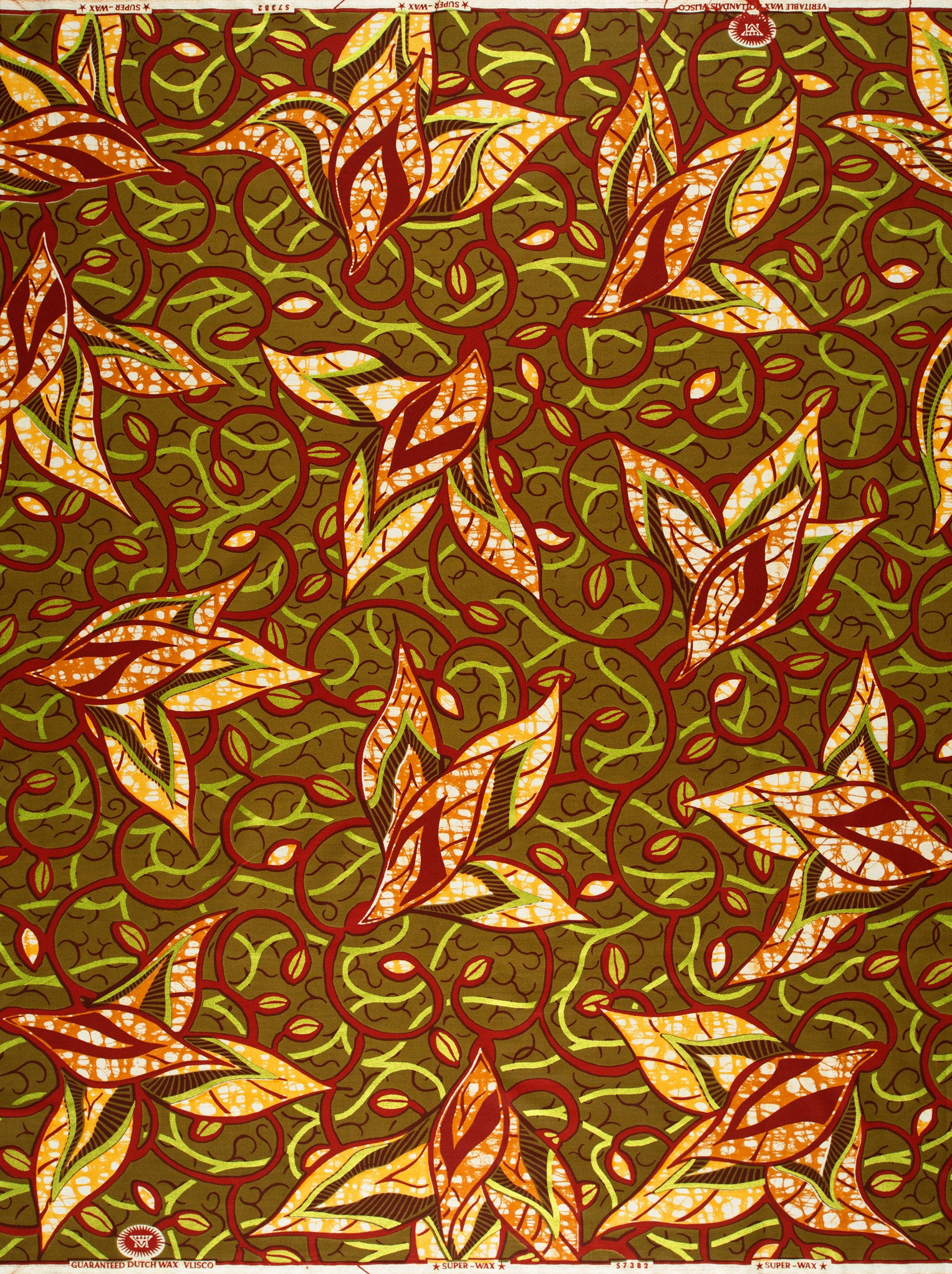 Vibrant orange green leaf-patterned african super-wax vls7382.010