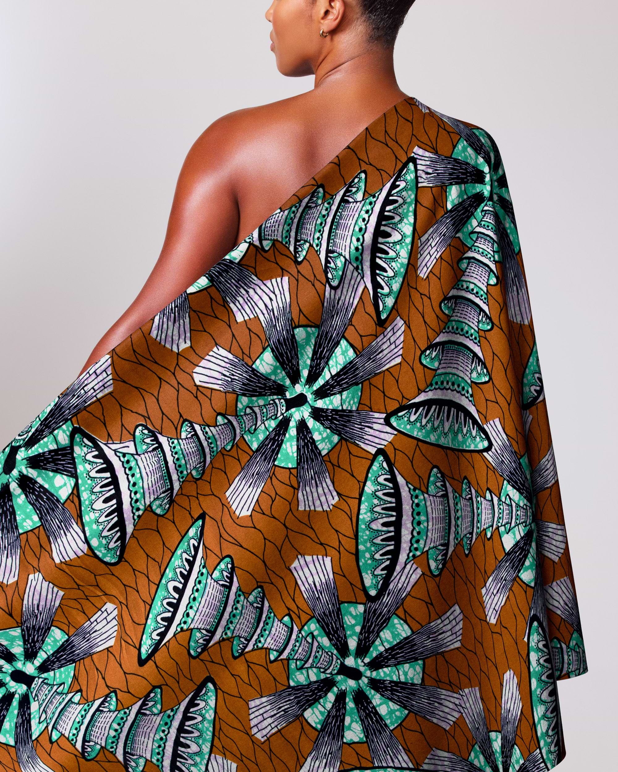 One-shoulder dress made vibrant brown super-wax vls7691.013