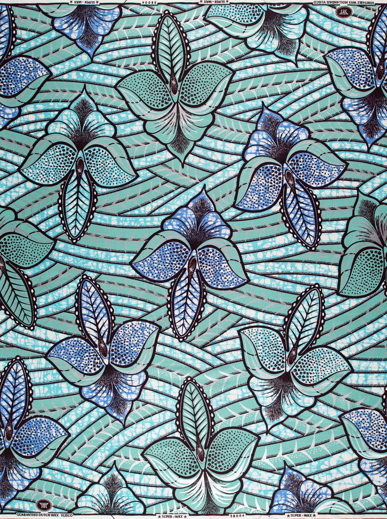 Teal blue butterfly-patterned african wax super-wax vls8004.012
